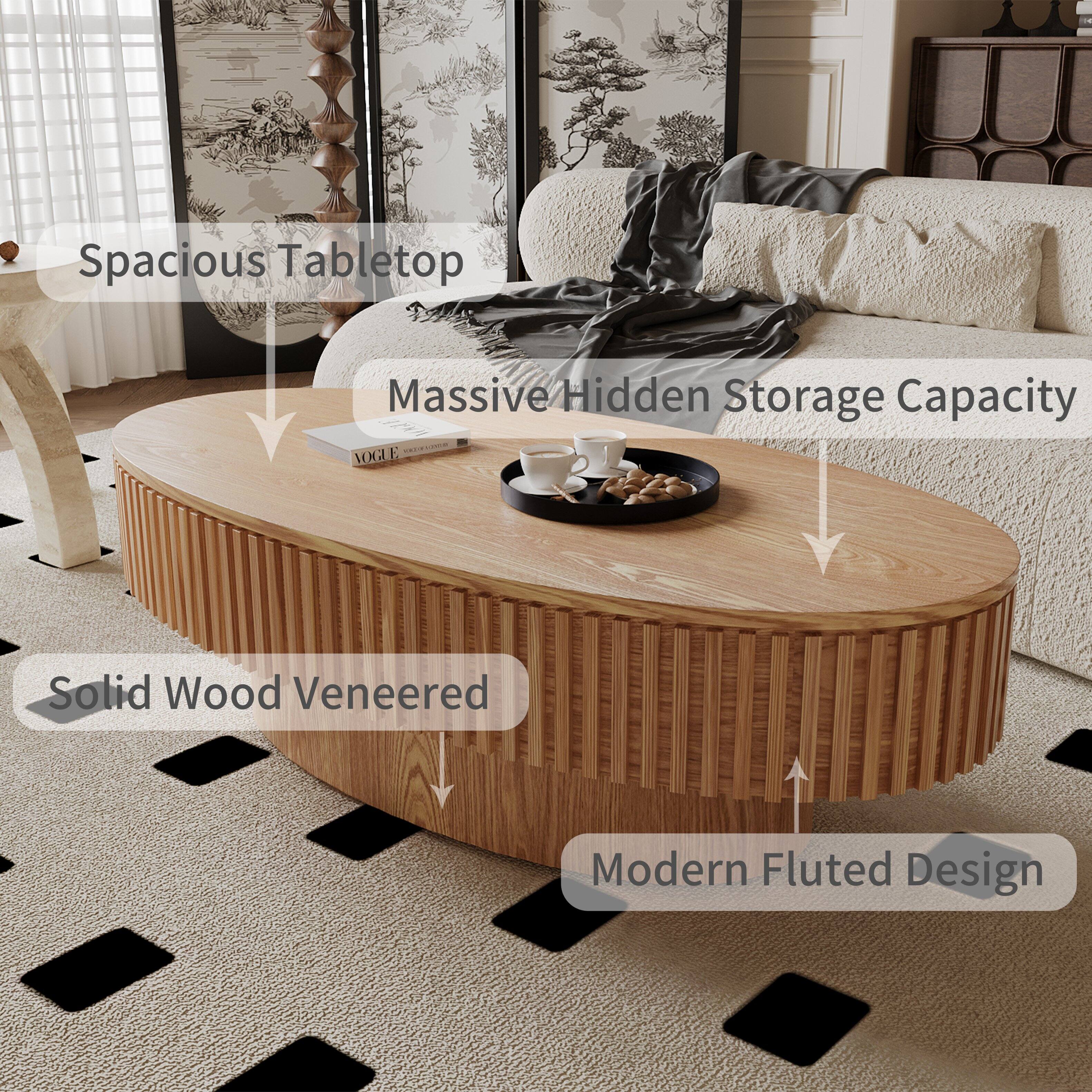 Spacious Tabletop Massive Hidden Storage Capacity Solid Wood Veneered Modern Fluted Design