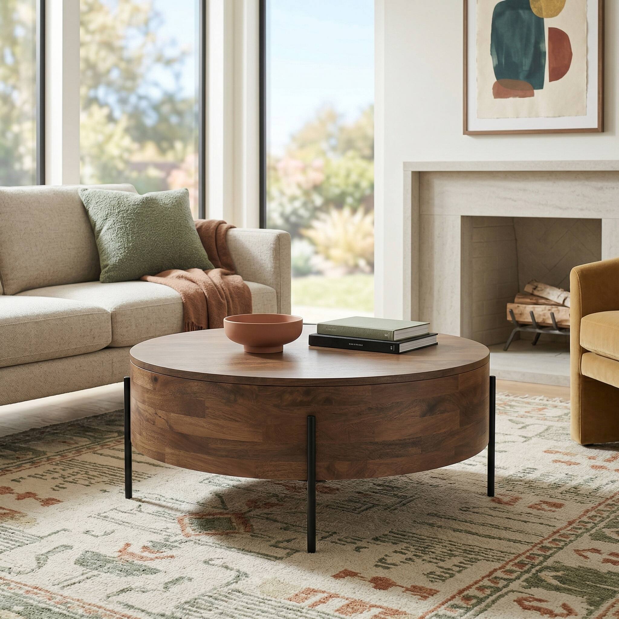 Angle. Simpli Home - Simpli Home Rayburn 38W Round Drum Coffee Table with Legs - Briarsmoke.