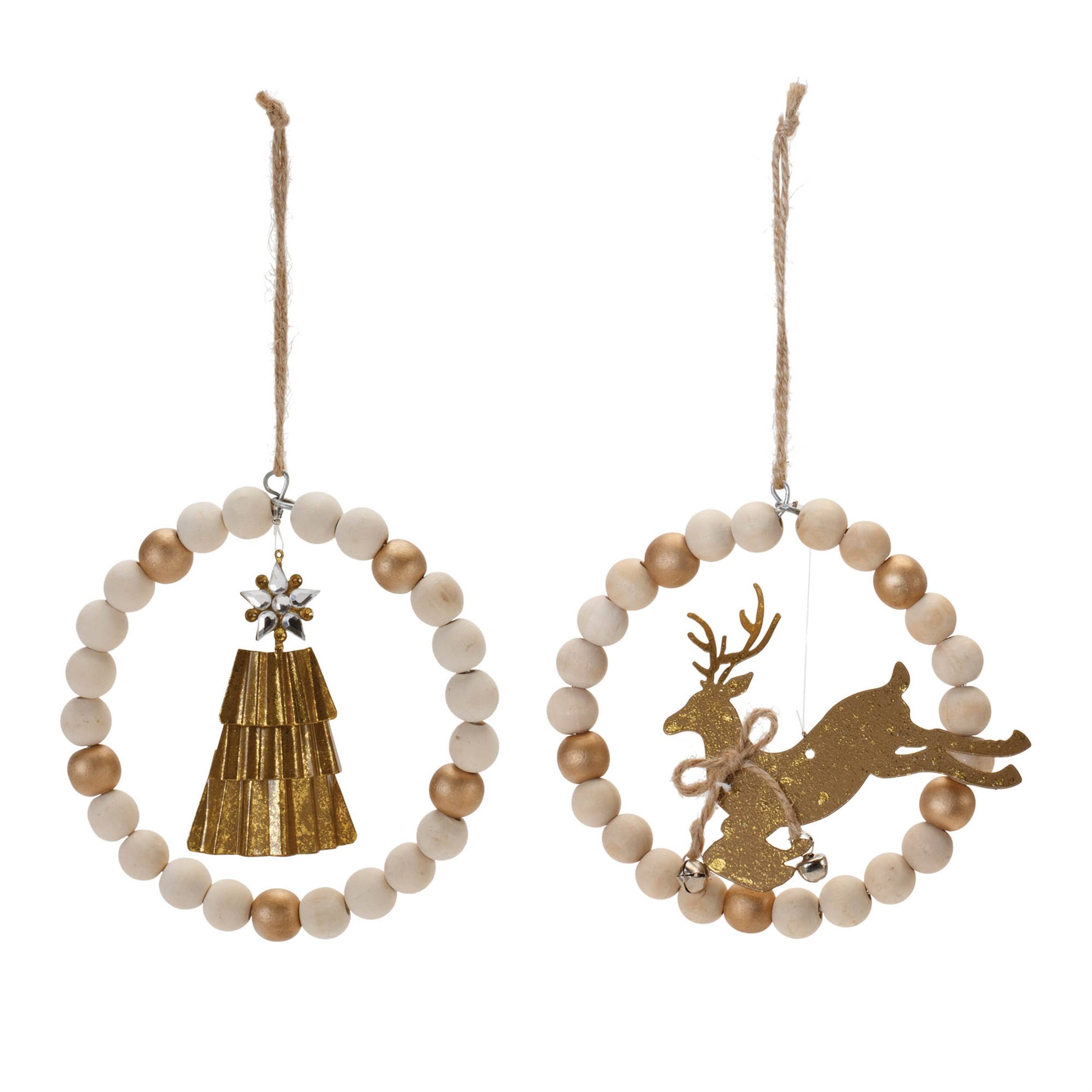 Angle. BreeBe - Beaded Wood Tree and Deer Ornament (Set of 6) - Bronze, Beige.