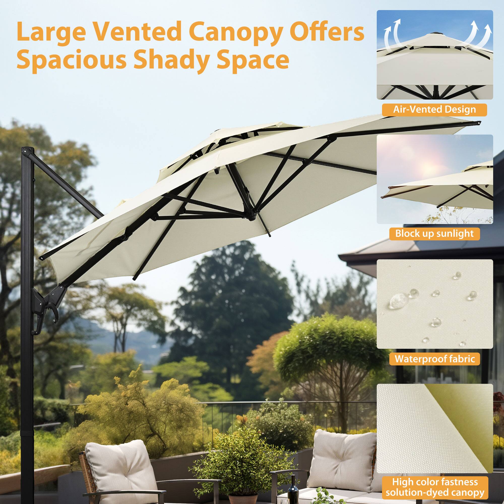 Large Vented Canopy Offers Spacious Shady Space  
Air-Vented Design  
Block up sunlight  
Waterproof fabric  
High color fastness solution-dyed canopy
