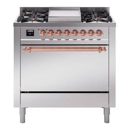 ILVE - Nostalgie II 36 inch Dual Fuel Range with 6 Burners + Griddle (Liquid Propane, Stainless Steel, Copper Trim) - Stainless Steel