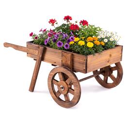 Costway - Wooden Wagon Planter with Wheels, Carbonized Fir Wood Frame, Handle for Patio - Rustic Brown