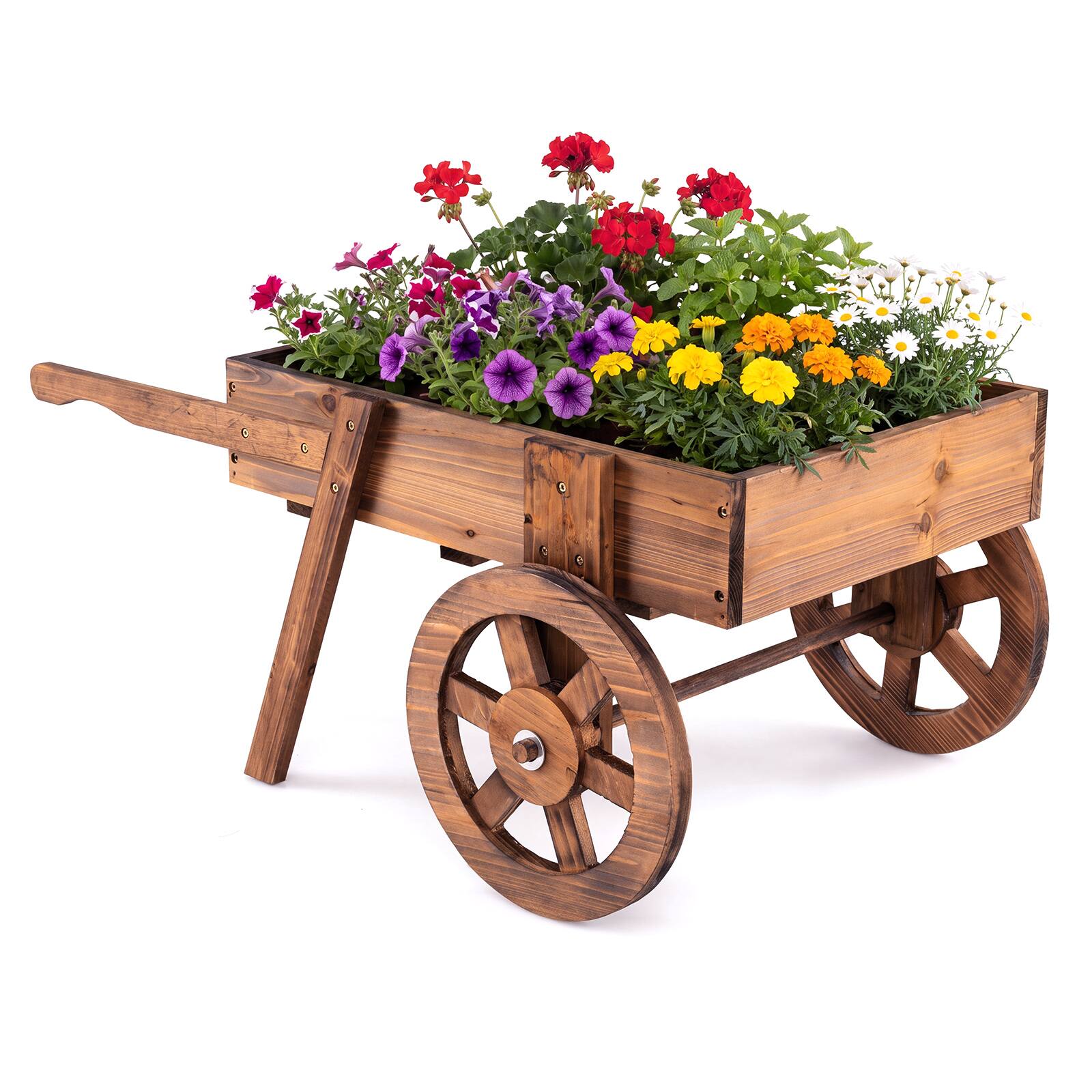 Front. Costway - Costway Wooden Wagon Planter with Wheels, Carbonized Fir Wood Frame, Handle for Patio - Rustic Brown.