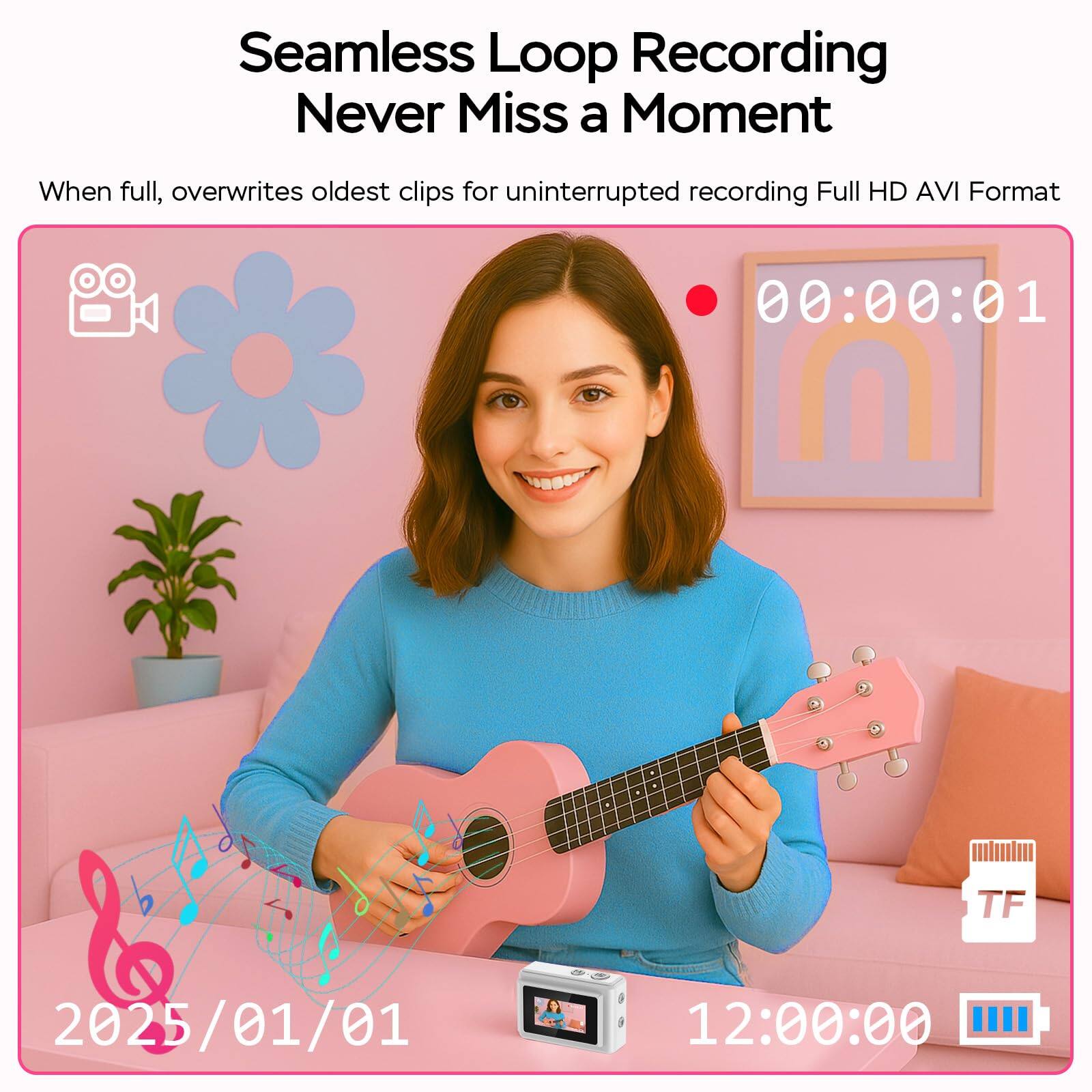 Seamless Loop Recording  
Never Miss a Moment  

When full, overwrites oldest clips for uninterrupted recording  
Full HD AVI Format  

00:00:01  

2025/01/01 12:00:00