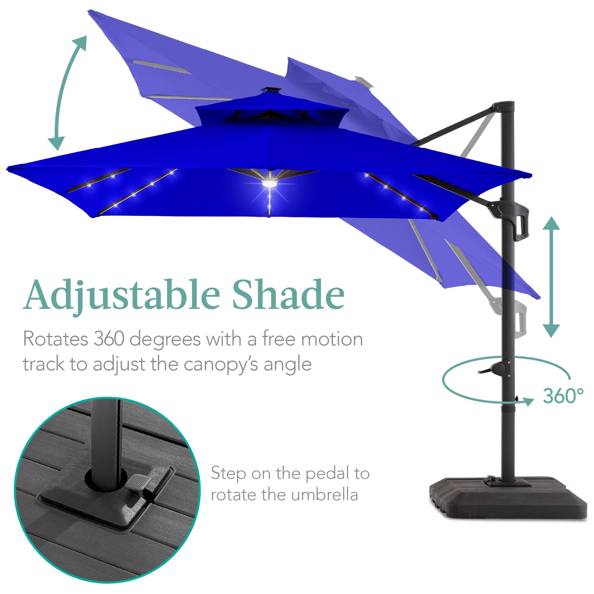Adjustable Shade  
Rotates 360 degrees with a free motion track to adjust the canopy's angle  

Step on the pedal to rotate the umbrella