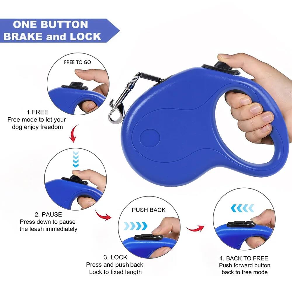 ONE BUTTON BRAKE and LOCK

1. FREE
Free mode to let your dog enjoy freedom

2. PAUSE
Press down to pause the leash immediately

3. LOCK
Press and push back Lock to fixed length

4. BACK TO FREE
Push forward button back to free mode