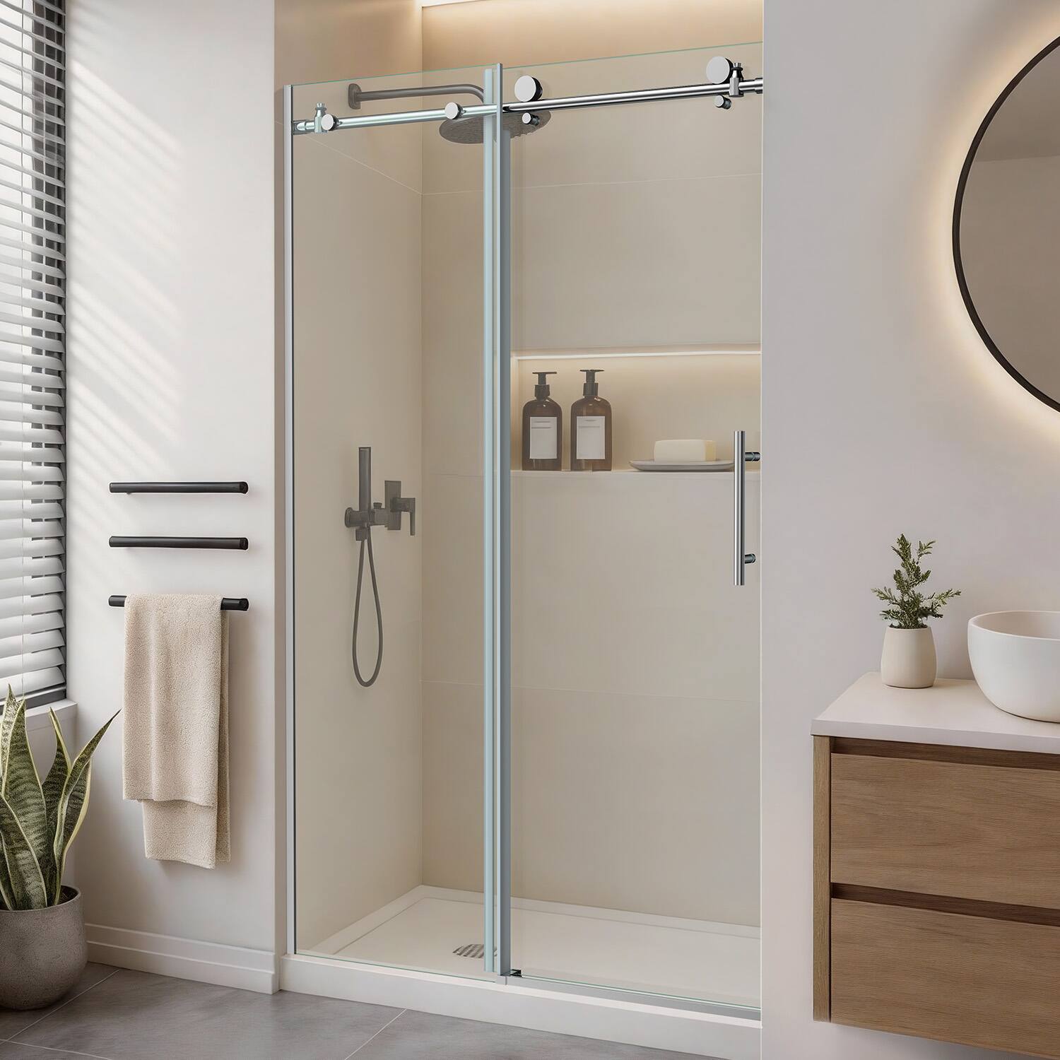 Angle. Koligey - 44-48" W x 76 "H Semi-Frameless Sliding Shower Door-10 mmTempered Glass,Stainless Steel Anti-Rust Hardware - sliver.