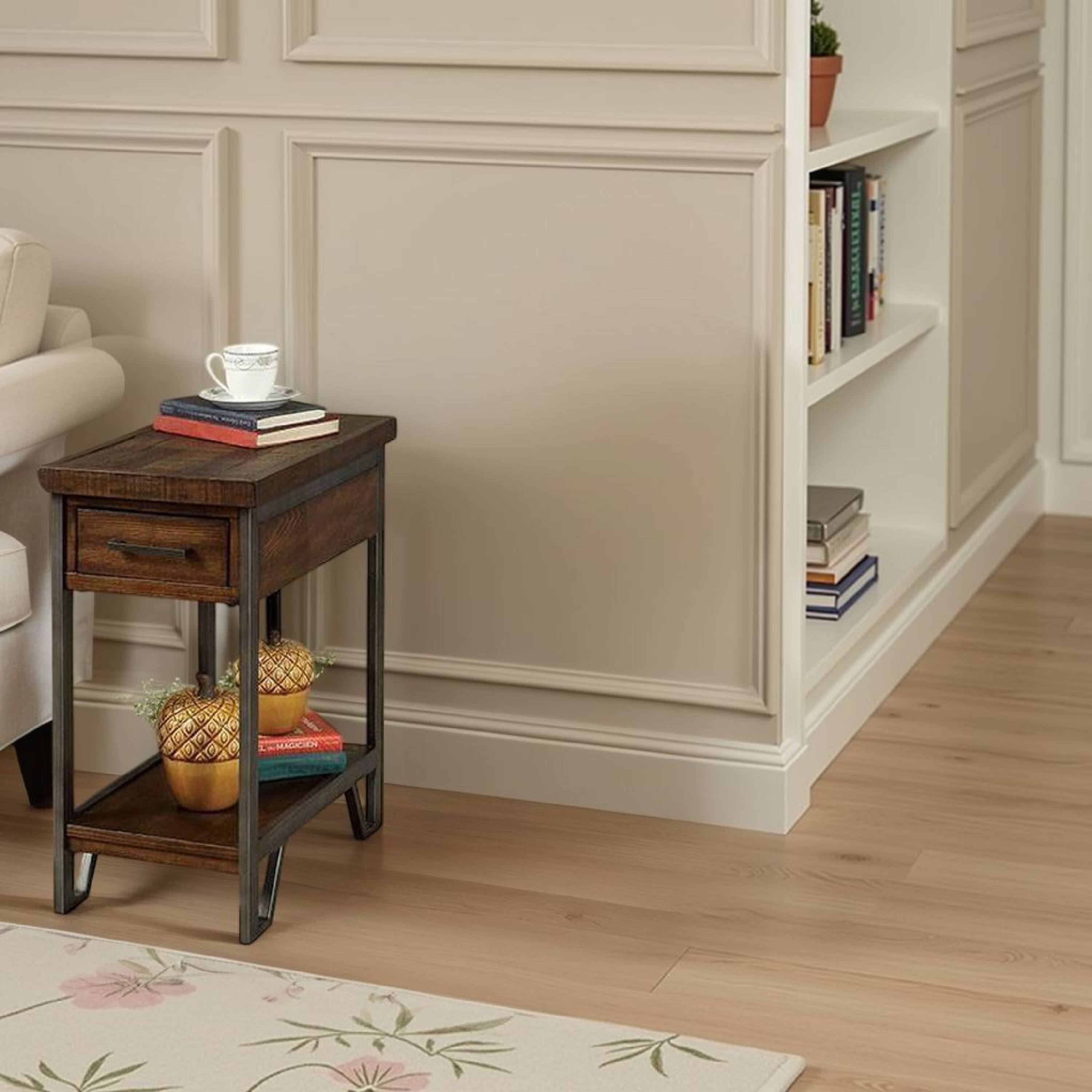 Alt View 5. Manhattan Lane - Rectangular Wood and Metal Side Table with USB Outlet, Brown and Gray - Brown and Gray.