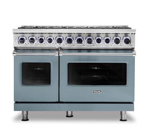 The image features a large, industrial-grade stainless steel oven with a blue finish. The oven has a total of 12 burners, with six burners on each side. The oven is designed for professional use and is likely used in commercial kitchens. The stainless steel construction and blue finish give the oven a sleek and modern appearance.