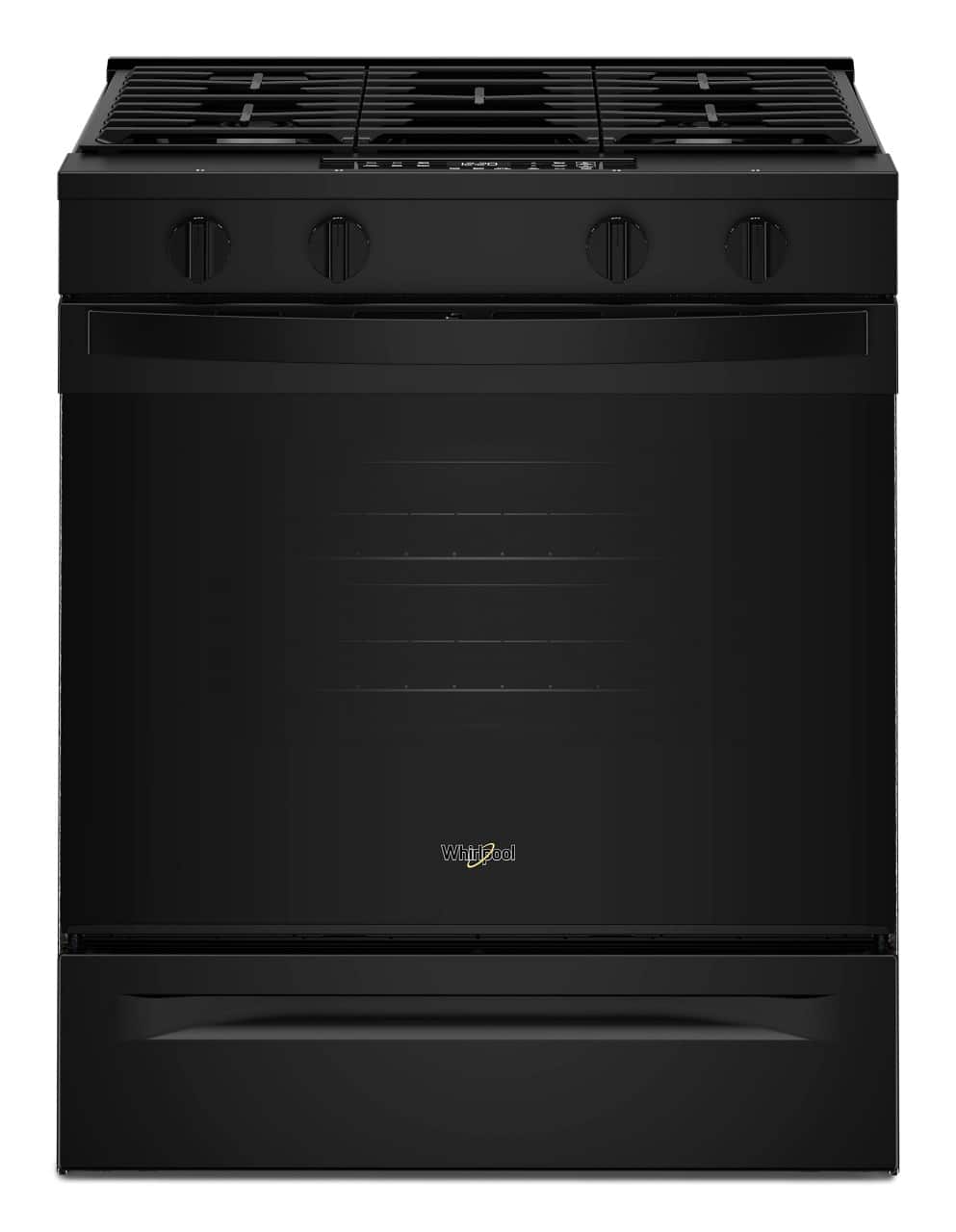 Front. Whirlpool - 30 in. Wide 4 burners 5.0 cu. ft. Freestanding Slide-In Gas Range with No Preheat and Slow Cook Modes - Black.