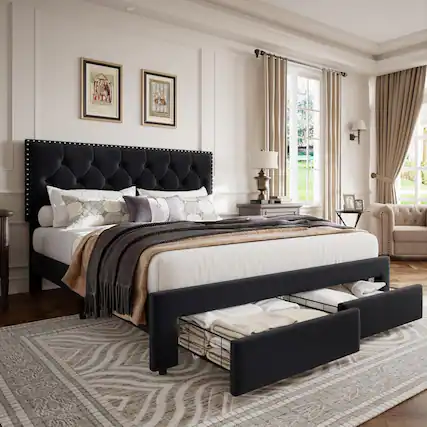 Front. Qeetex - Vintage Velvet Full Size Bed Frame with Storage - Upholstered Platform Bed with 2 Drawers, Black - Black.