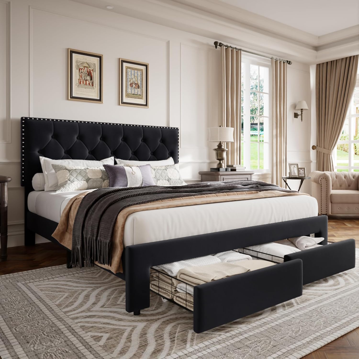 Acekool - King Size Bed Frame with Storage Drawers, Velvet Upholstered Headboard, Wooden Slats, No Box Spring, Black - Black