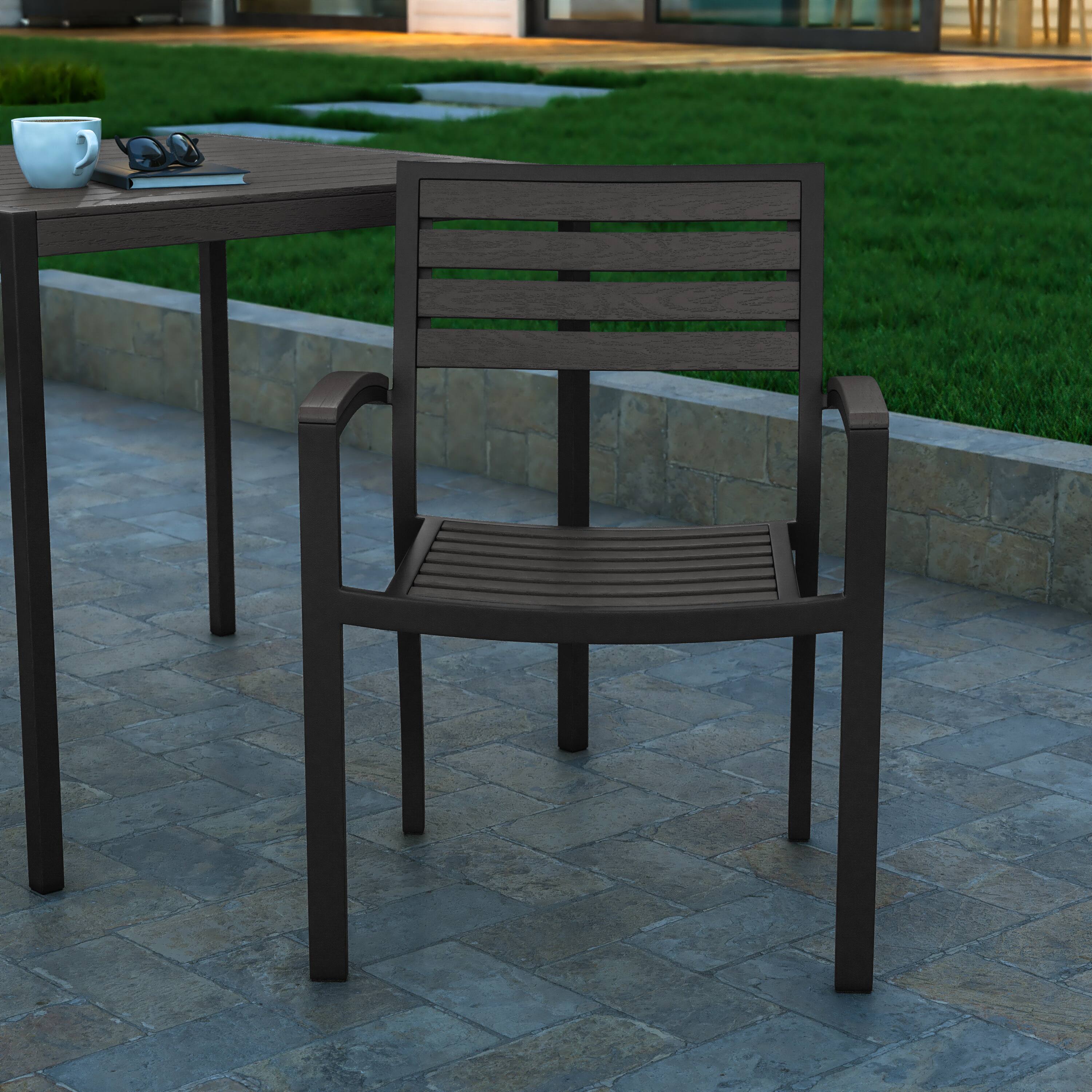 Alt View 5. Emma + Oliver - Set of 2 Stackable All-Weather Aluminum Patio Chairs with Faux Teak Slats - Gray Wash Teak.