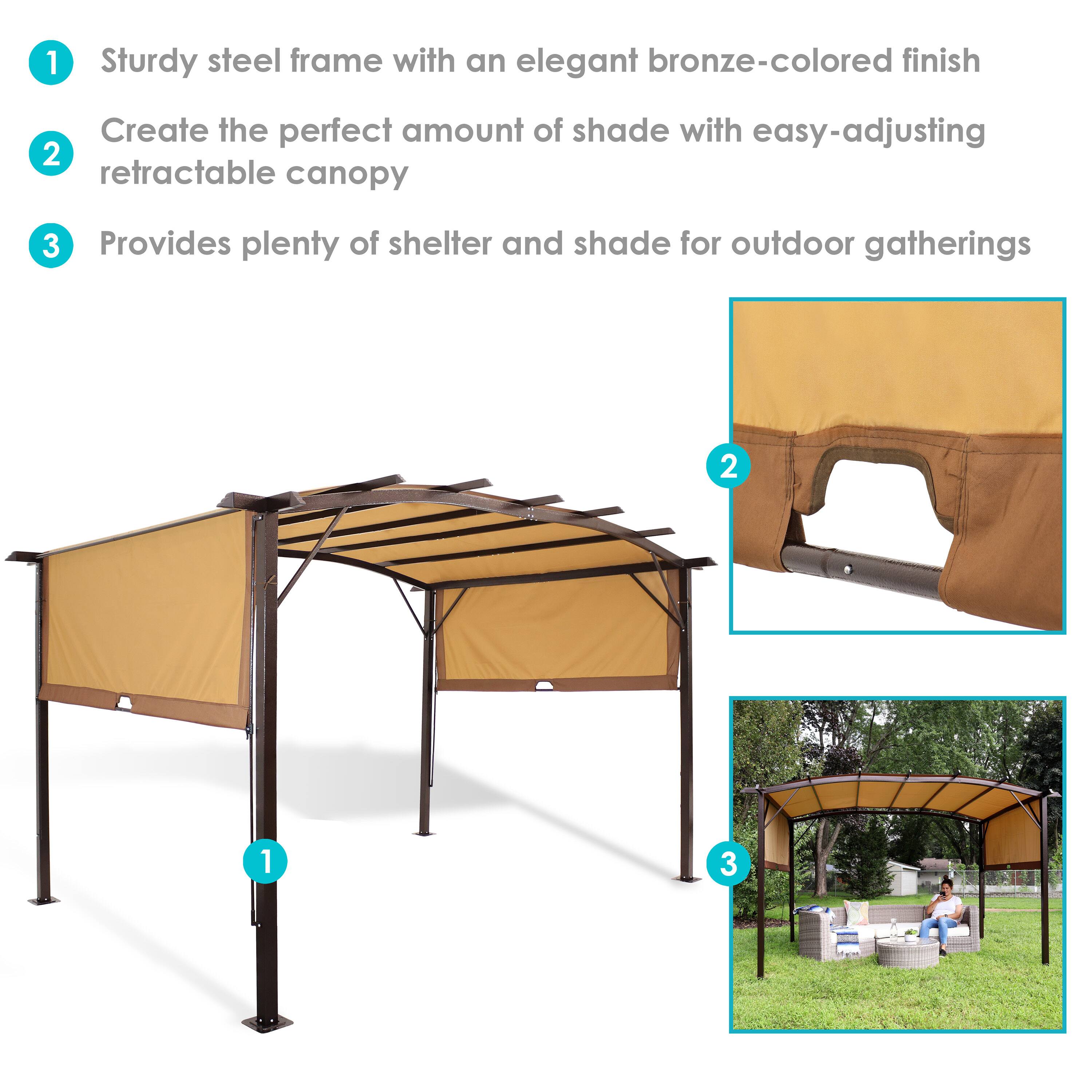 1. Sturdy steel frame with an elegant bronze-colored finish  
2. Create the perfect amount of shade with easy-adjusting retractable canopy  
3. Provides plenty of shelter and shade for outdoor gatherings