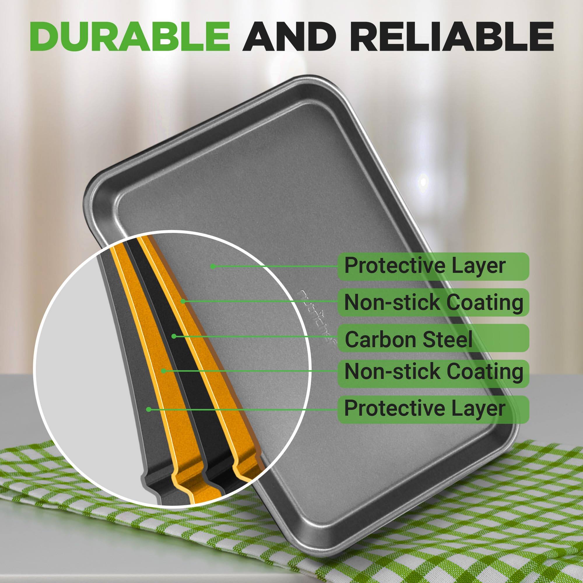 DURABLE AND RELIABLE

Protective Layer  
Non-stick Coating  
Carbon Steel  
Non-stick Coating  
Protective Layer