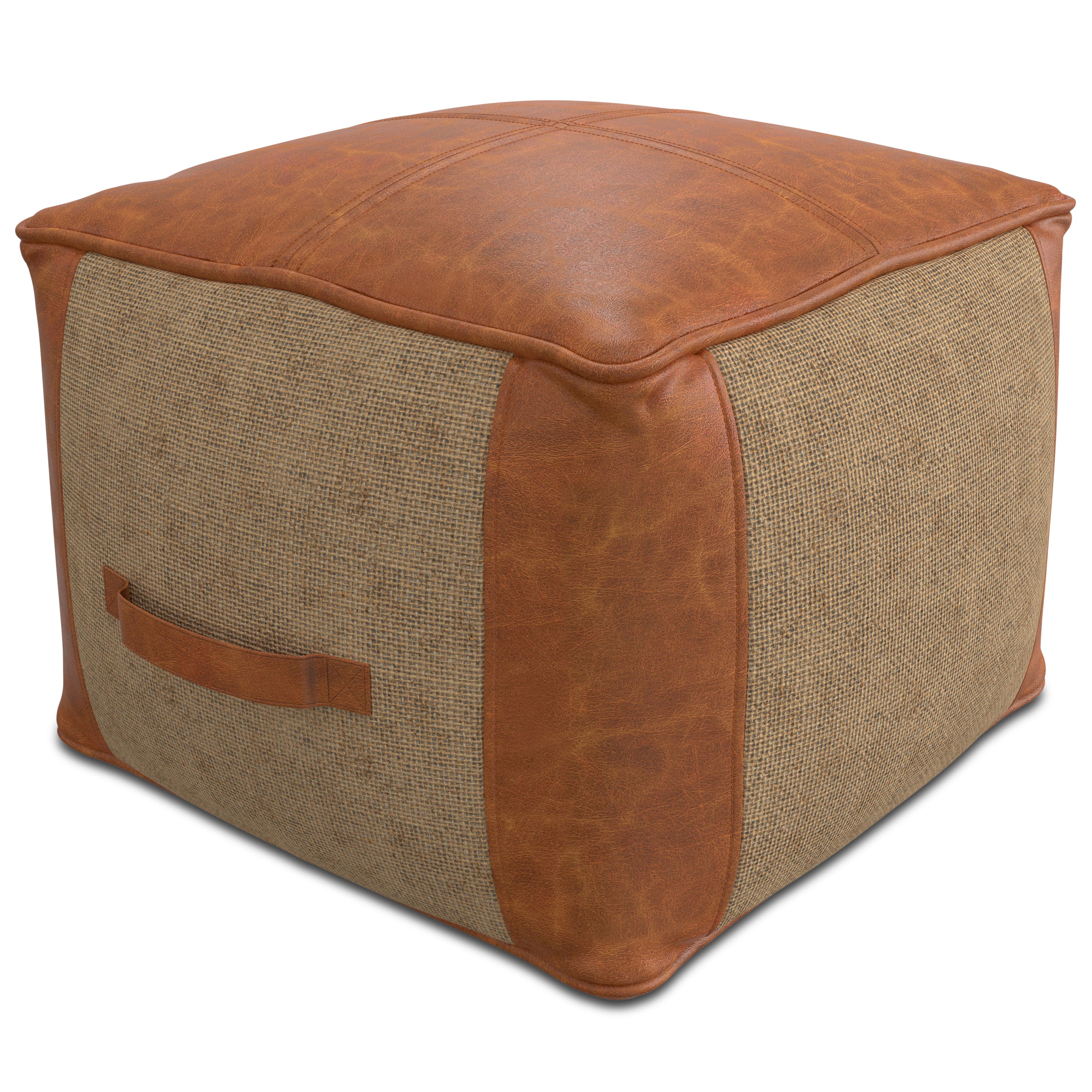 Simpli Home - Atkinson Boho Square Pouf Genuine Leather - Tan