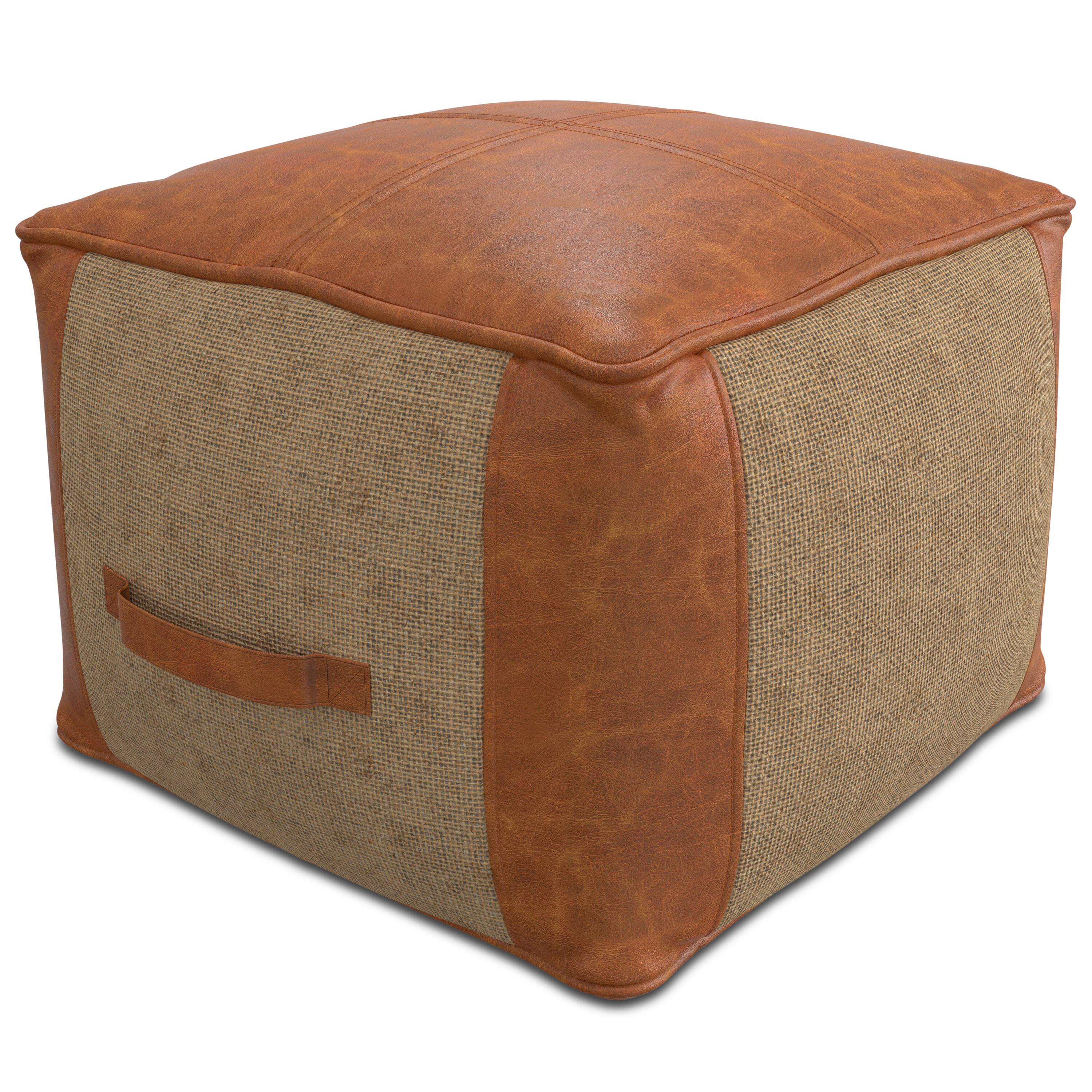 Front. Simpli Home - Atkinson Boho Square Pouf in Tan Genuine Leather - Tan.