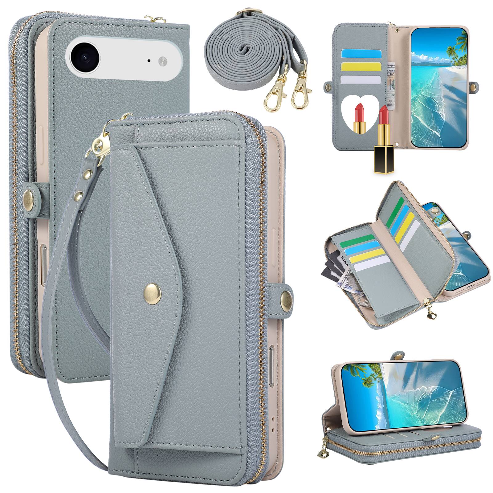 Front. Dteck - Leather Wallet Phone Case for Apple iPhone Air with Crossbody Strap, Shockproof Zipper Pocket Mirror Stand Cover - Blue.