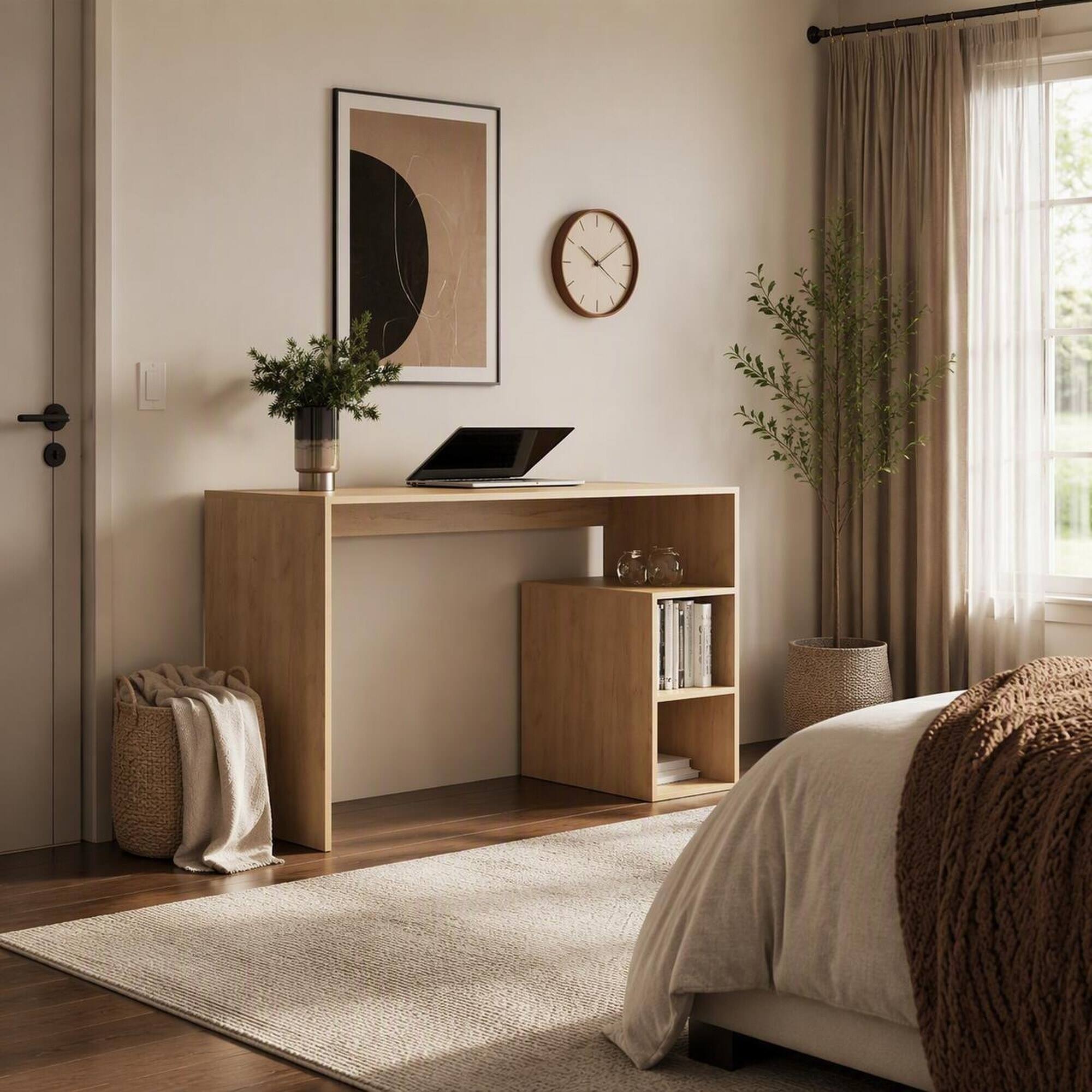 Left. RYHNUYNE - 47.2 in Natural Oak Writing Desk, Four Shelves, Compact Home Office and Study Workstation, 47.2x20.5x29.8 inches - Oak.