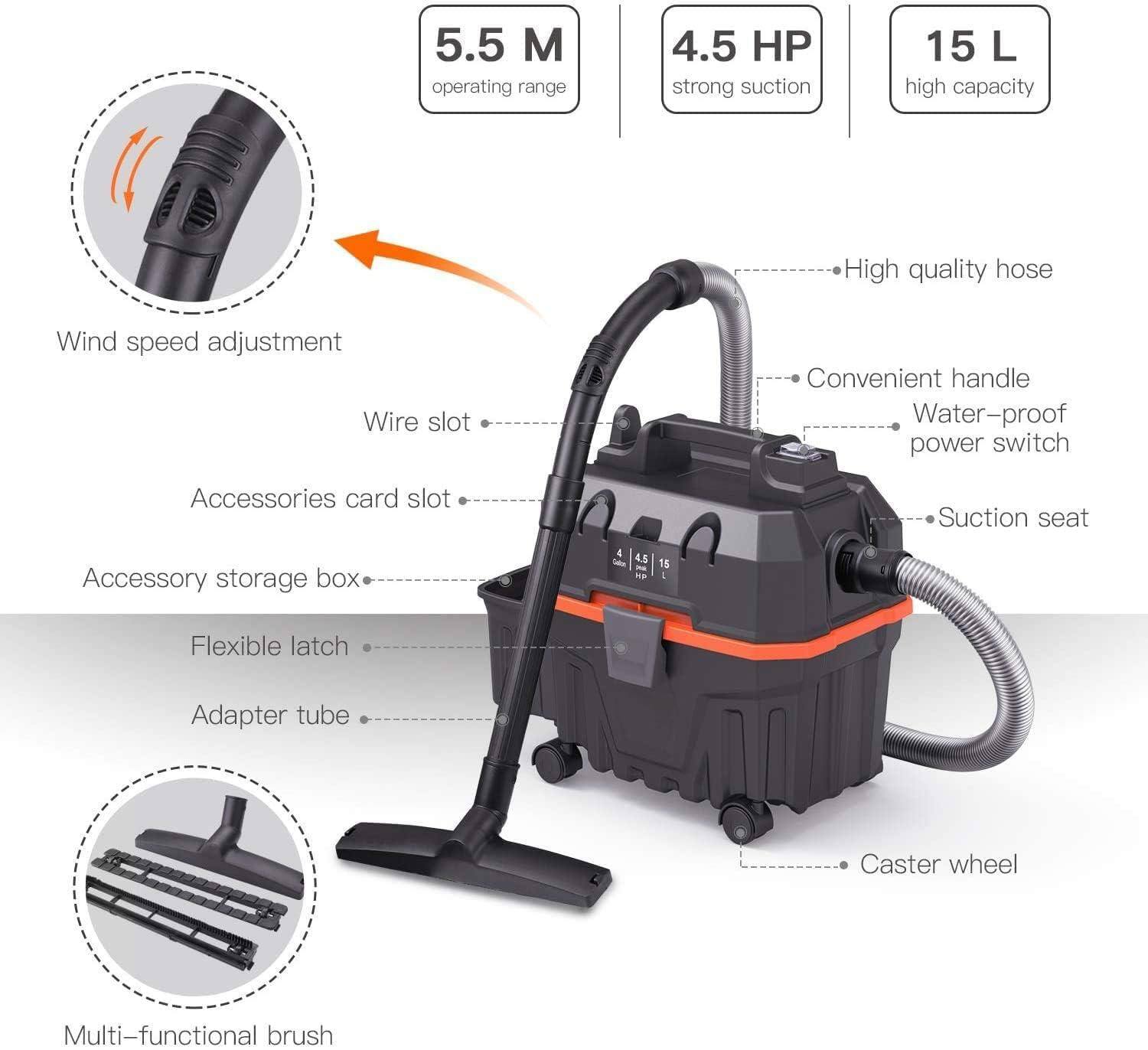 5.5 M operating range  
4.5 HP strong suction  
15 L high capacity  

Wind speed adjustment  
Wire slot  
Accessories card slot  
High quality hose  
Convenient handle  
Water-proof power switch  
Suction seat  
Accessory storage box  
Flexible latch  
Adapter tube  
Caster wheel  
Multi-functional brush