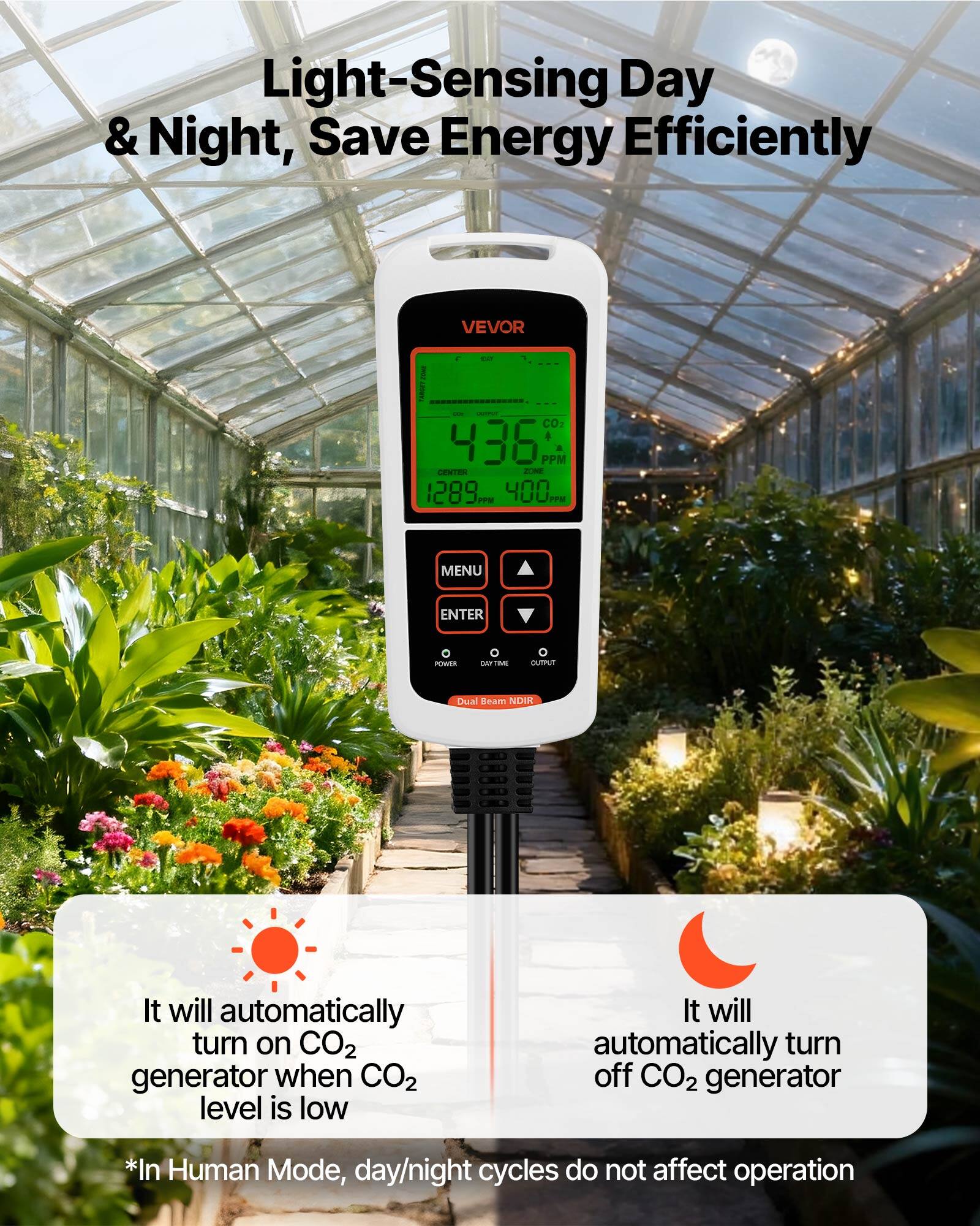 Light-Sensing Day & Night, Save Energy Efficiently

VEVOR

CO2: 436 PPM  
T: 289 PPM  
RH: 400 PPM

MENU ENTER

Dual Beam NDIR

It will automatically turn on CO2 generator when CO2 level is low

It will automatically turn off CO2 generator

*In Human Mode, day/night cycles do not affect operation