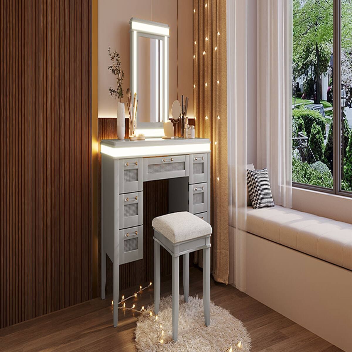 Alt View 9. Loheer - Loheer 48 Inch Makeup Vanity Desk with Mirror and Lights, Seven Drawers, Cushioned Stool, Grayish Blue - Grayish Blue.