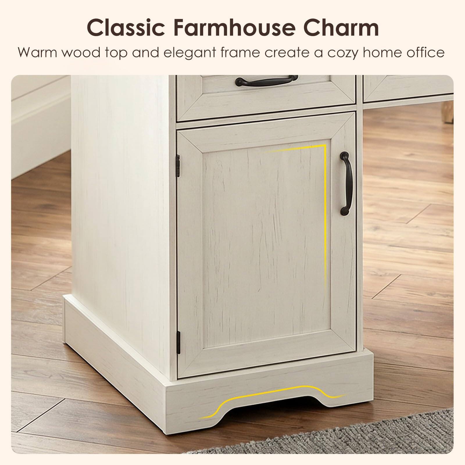 Classic Farmhouse Charm  
Warm wood top and elegant frame create a cozy home office