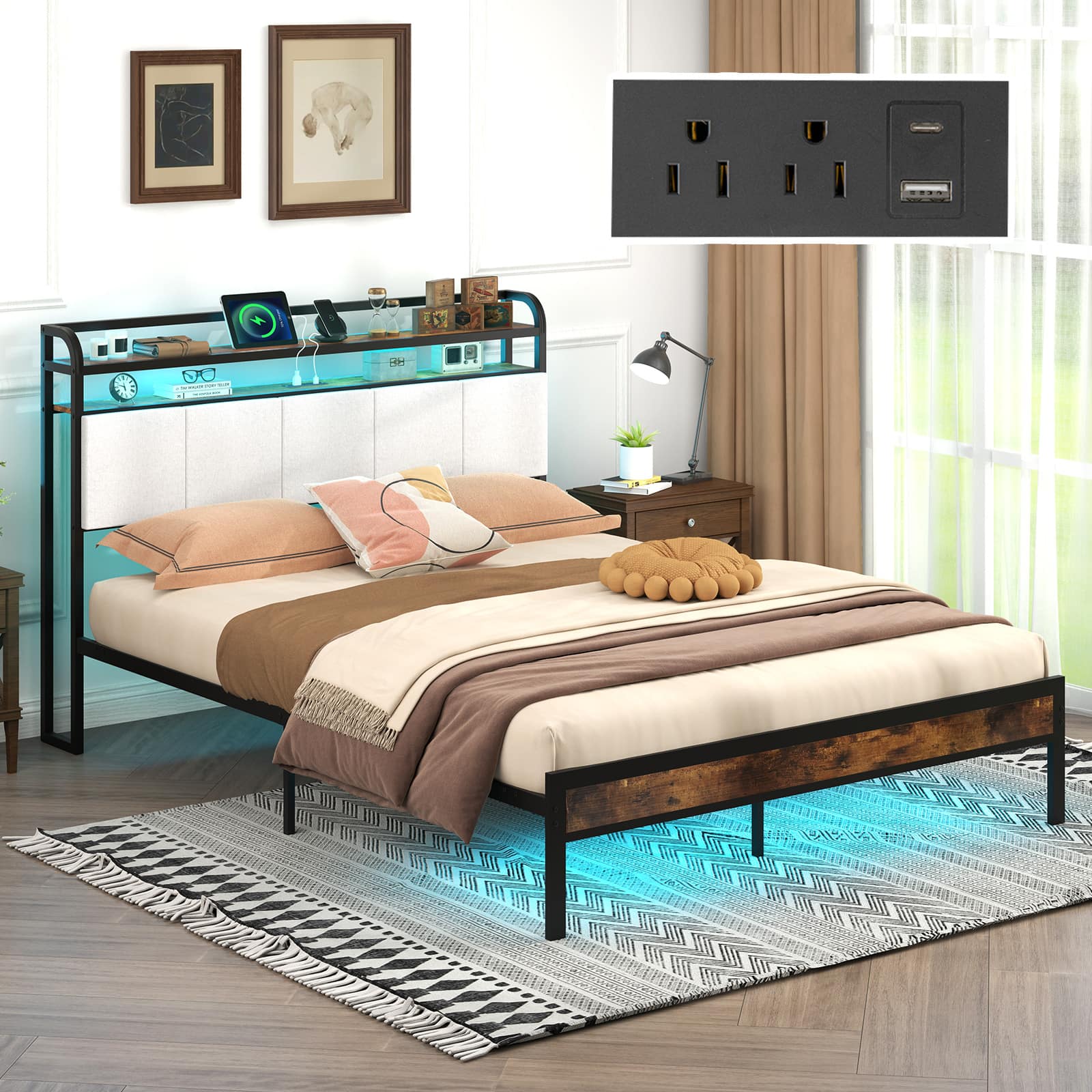 Front. Gymax - Gymax Queen Size Bed Frame w/ LED Light & Charging Station Heavy Duty Metal Platform Bed - Rustic Brown, Black , Grey.