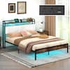 Front. Gymax - Gymax Queen Size Bed Frame w/ LED Light & Charging Station Heavy Duty Metal Platform Bed - Rustic Brown, Black , Grey.