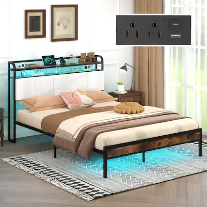 Front. Gymax - Gymax Queen Size Bed Frame w/ LED Light & Charging Station Heavy Duty Metal Platform Bed - Rustic Brown, Black , Grey.