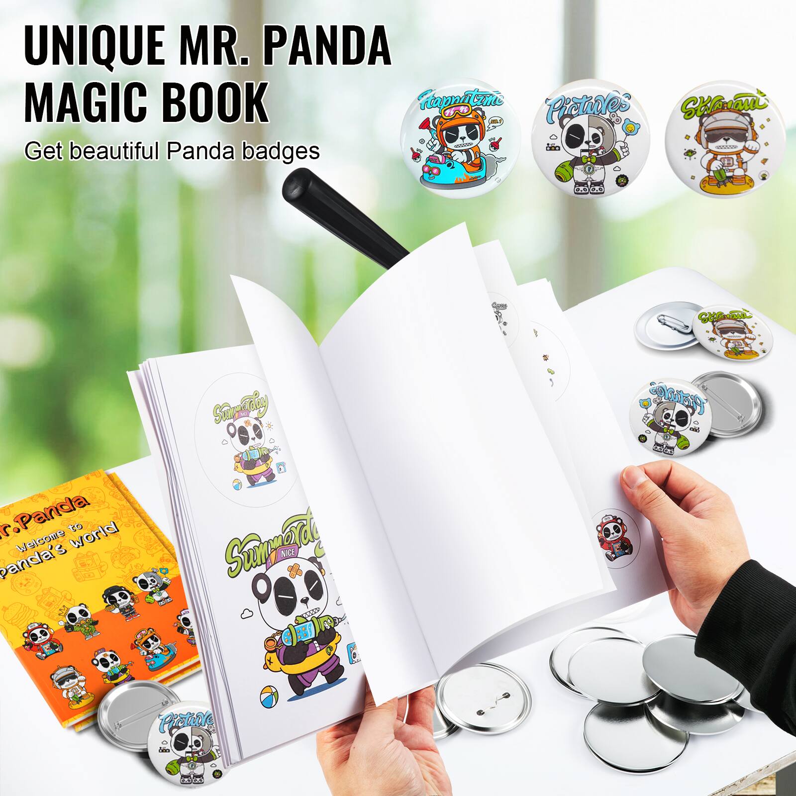 UNIQUE MR. PANDA MAGIC BOOK  
Get beautiful Panda badges  

Mr. Panda  
Welcome to Panda's World  

Happitam  
Pistunes  
Stamay  
Summord NICE