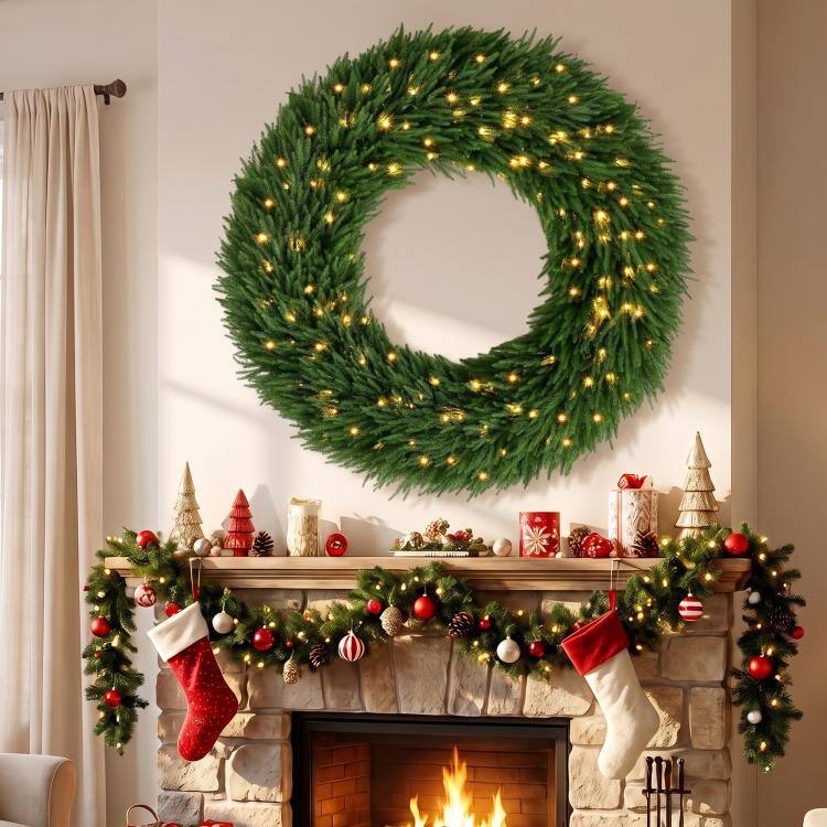 Alt View 1. PULUZ - Christmas Decoration, 48 in Pre-Lit Norfolk Pine Artificial Christmas Wreath with 150 LED Lights - Green.