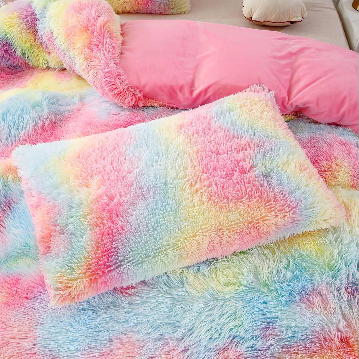 Alt View 6. NICHOLAS KLEIN - Faux Fluffy Comforter 3-piece Rainbow Plush Shaggy Bedding Sets For Tie Dye Fuzzy Furry Set Twin - Pink Full-3Pcs.