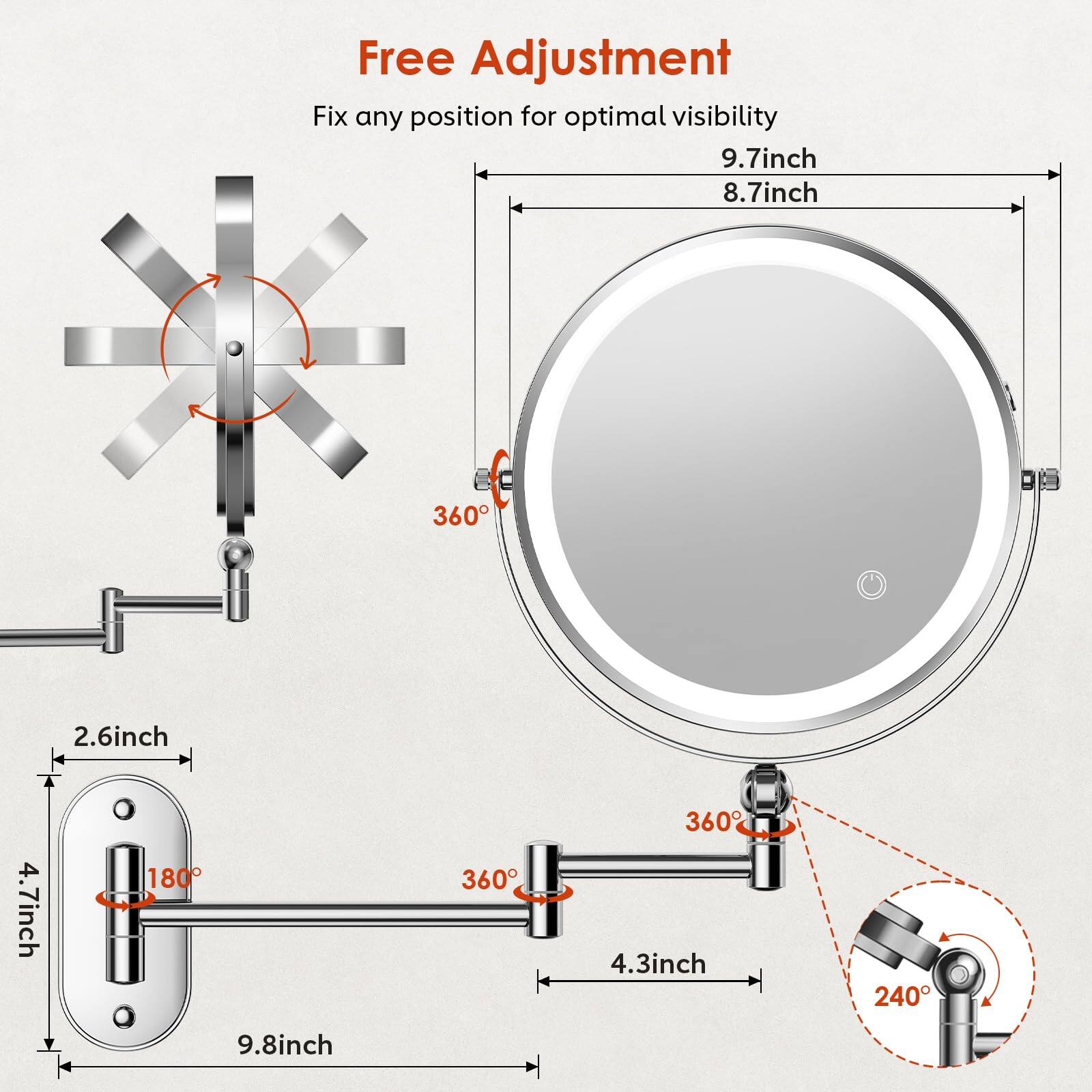 Free Adjustment  
Fix any position for optimal visibility  

9.7 inch  
8.7 inch  

2.6 inch  
4.7 inch  
9.8 inch  

180°  
360°  
360°  
4.3 inch  
240°