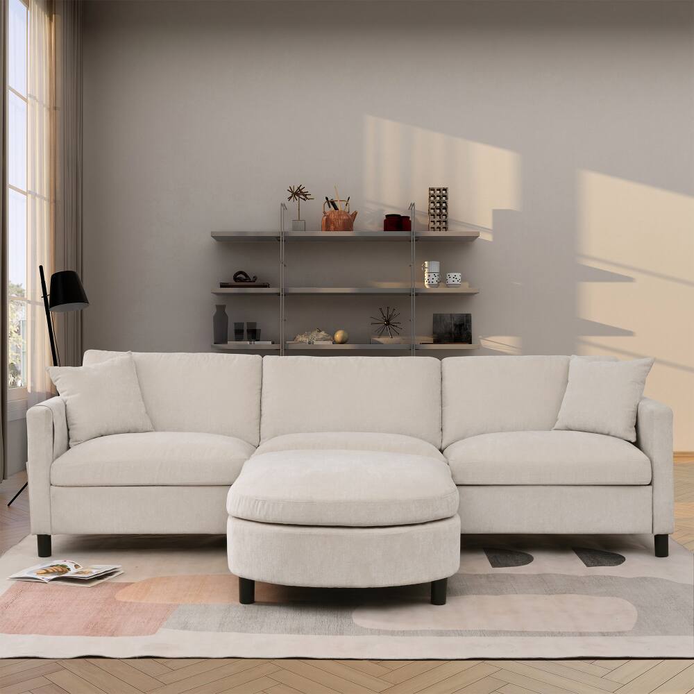 Angle. JUJABU - 107.87 in. Beige Sectional Sofa Couch 3 Seater with Ottoman and Cushion - Beige.
