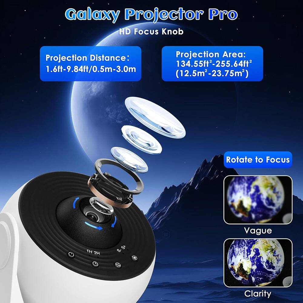 Galaxy Projector Pro  
HD Focus Knob  

Projection Distance:  
1.6ft-9.84ft/0.5m-3.0m  

Projection Area:  
134.55ft²-255.64ft² (12.5m²-23.75m²)  

Rotate to Focus  

Vague  
Clarity