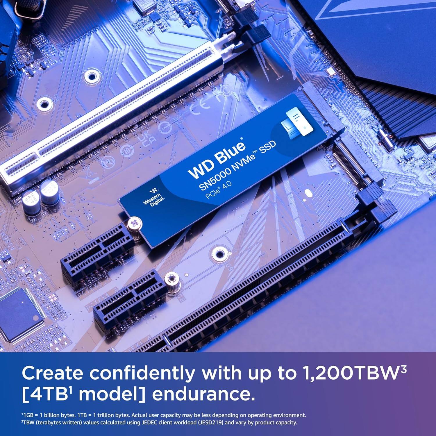 WD Blue  
SN5000 NVMe™ SSD  
PCIe® 4.0  

Create confidently with up to 1,200TBW³ [4TB¹ model] endurance.  

¹GB = 1 billion bytes. 1TB = 1 trillion bytes. Actual user capacity may be less depending on operating environment.  
³TBW (terabytes written) values calculated using JEDEC client workload (JESD219) and vary by product capacity.