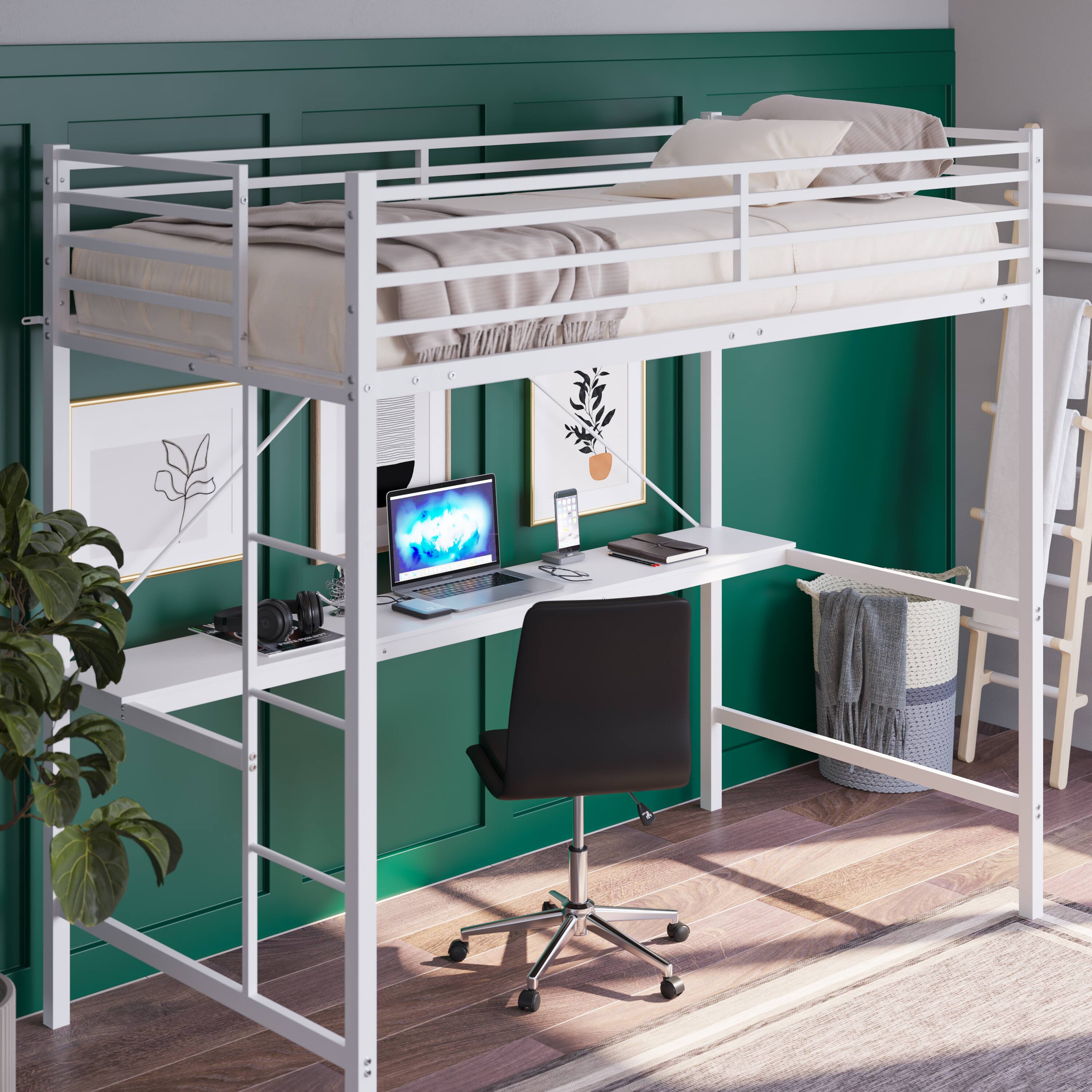 Alt View 3. Emma + Oliver - Jensen Metal Loft Bed Frame with Desk, Protective Guard Rails and Ladder for Kids, Teens and Adults - White.