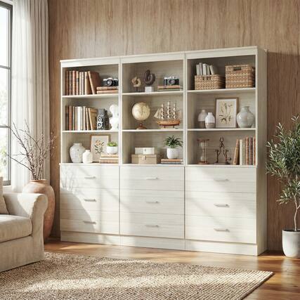 Front. Aheaplus - 71'' Tall Bookcase with 3 Drawers and 3-Tier Open Shelves, 3 Packs - Beige Oak.