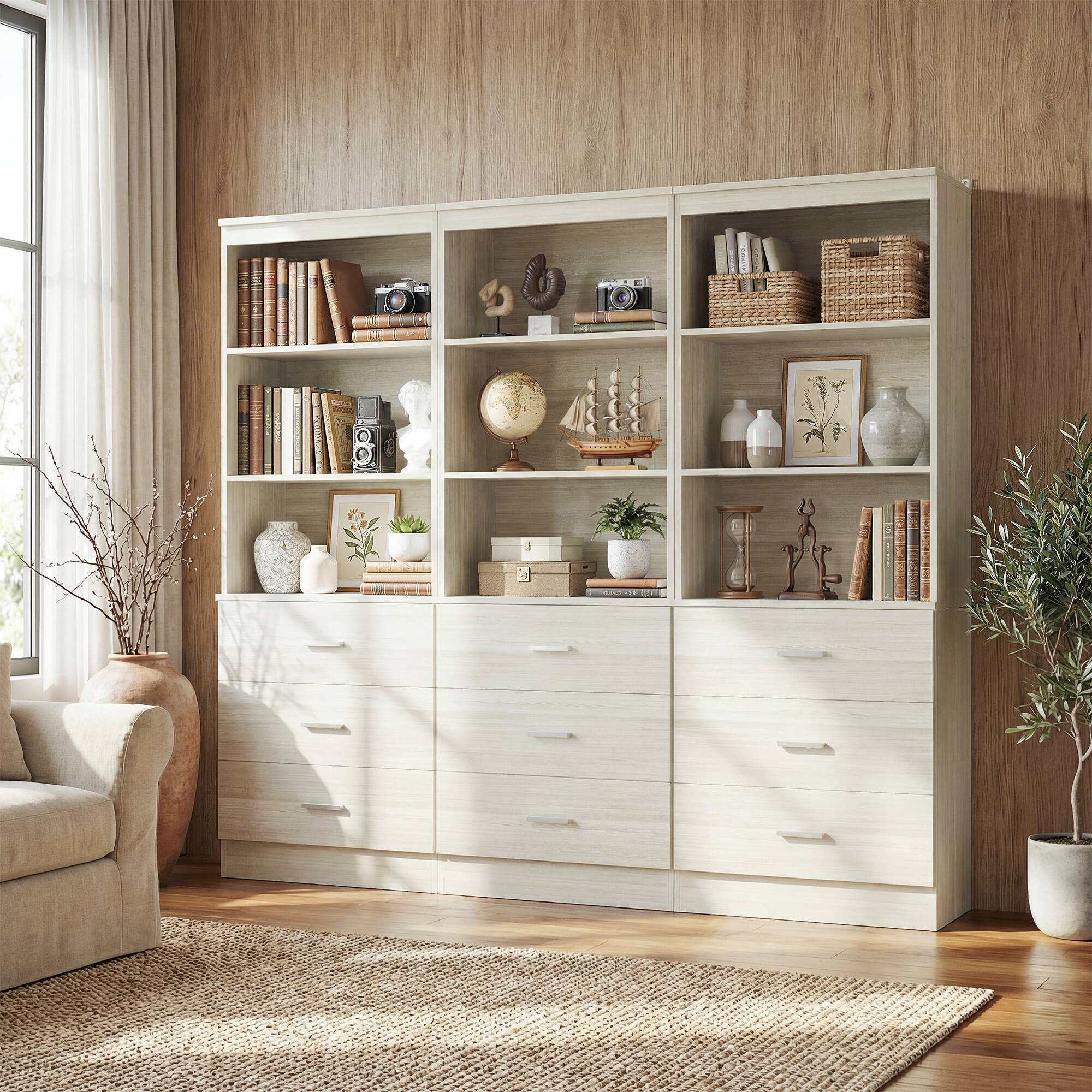 Aheaplus - 71'' Tall Bookcase with 3 Drawers and 3-Tier Open Shelves, 3 Packs - Beige Oak