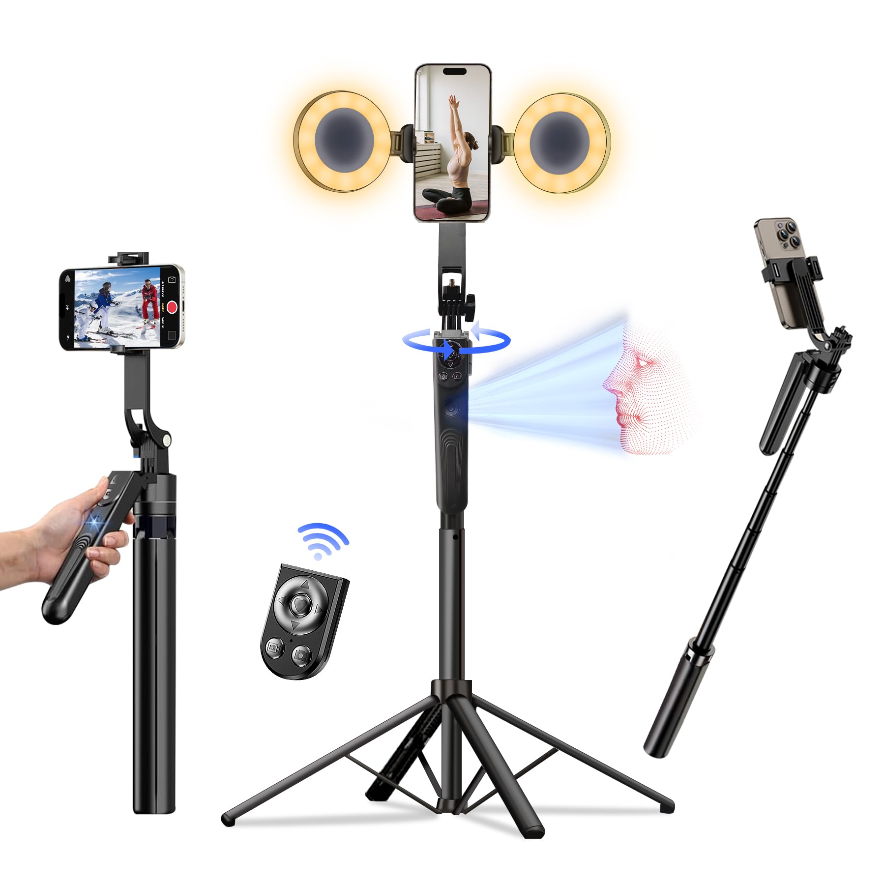 Front. PO3TICJUNKI3 - Auto Face Tracking Selfie Stick Tripod For With Light 360 Rotation 63  Phone Camera Stand Follows Your - A-Auto Face Tracking Tripod with 2 Ring Light.
