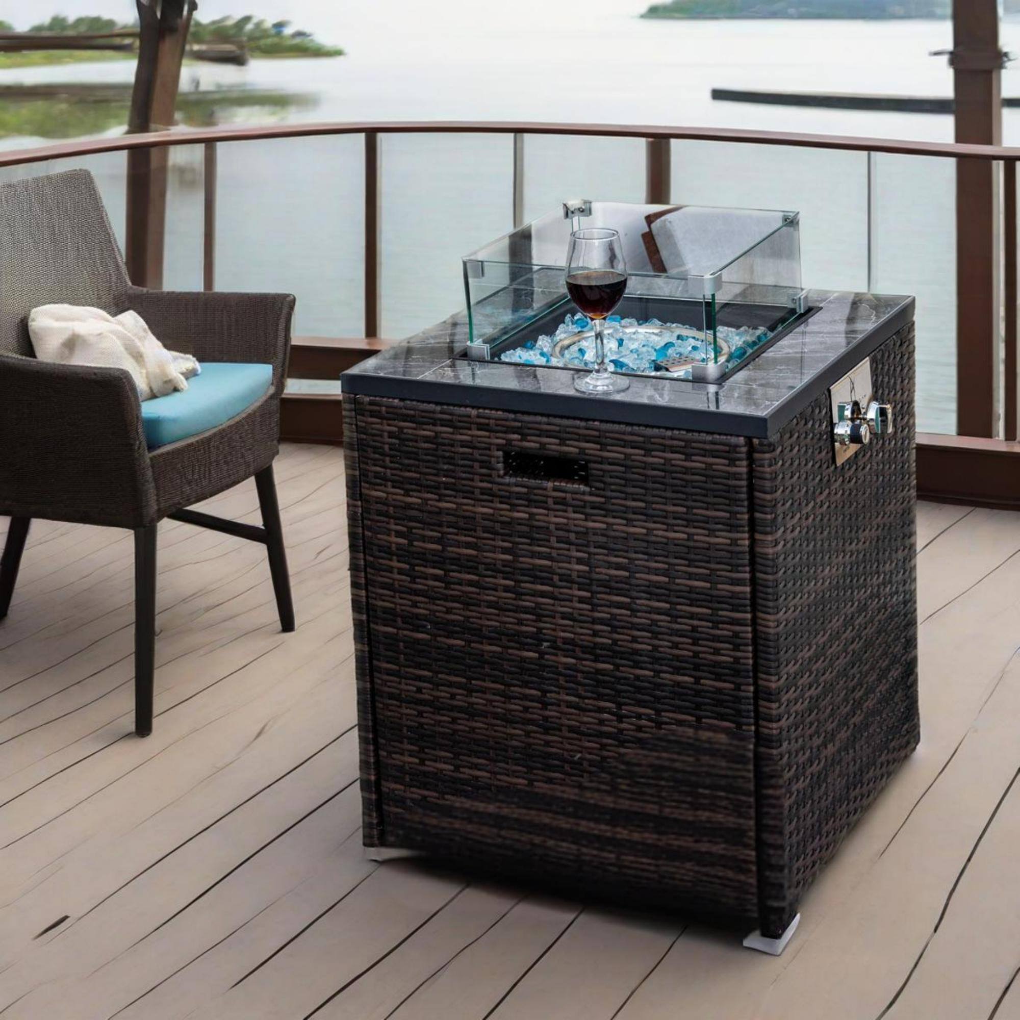 Alt View 8. APRILSOUL - 24 inch Propane Gas Fire Pit Table  Square Fire Pit Tile Tabletop Wicker Base for Outside Patio Deck Garden Courtyard - Espresso.