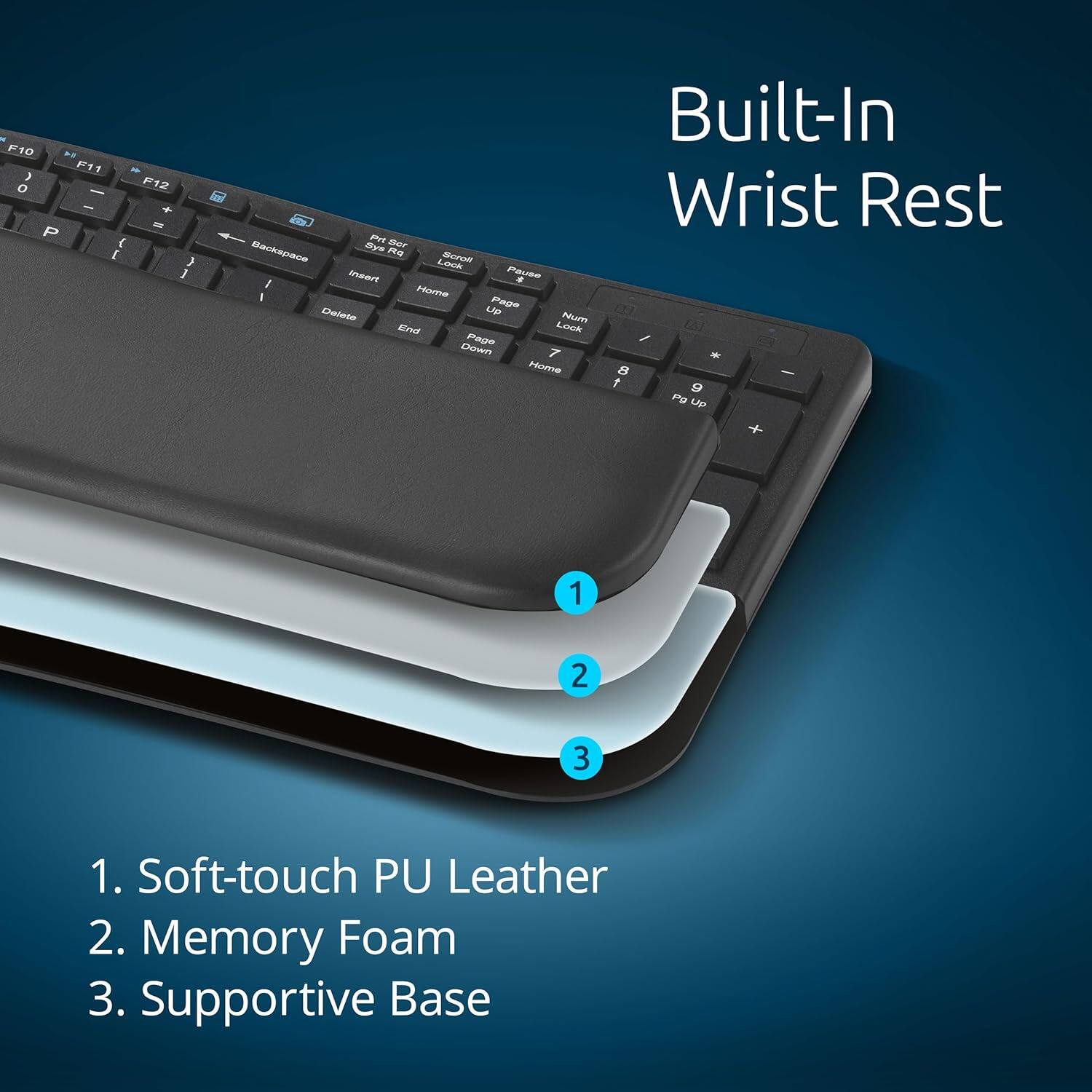 F10 . F11 - J O  - - + - P  E , 3  mar Backspace -ye Ro Lock Morel ineer Pesa .  I Hore Pape Deiete LP Au End Loiocie Fae Dew 7 Home Built-In Wrist Rest 1n M / 53  B -  9 Pg UP 1 2 3 1. Soft-touch PU Leather 2. Memory Foam 3. Supportive Base

Built-In Wrist Rest

1. Soft-touch PU Leather
2. Memory Foam
3. Supportive Base