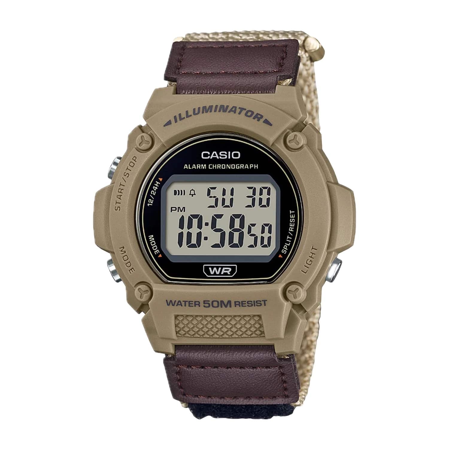 ILLUMINATOR  
CASIO  
ALARM CHRONOGRAPH  
START/STOP  
12/24H  
PM  
10:58:50  
SPLIT/RESET  
RESET MODE  
WR  
LIGHT  
WATER 50M RESIST