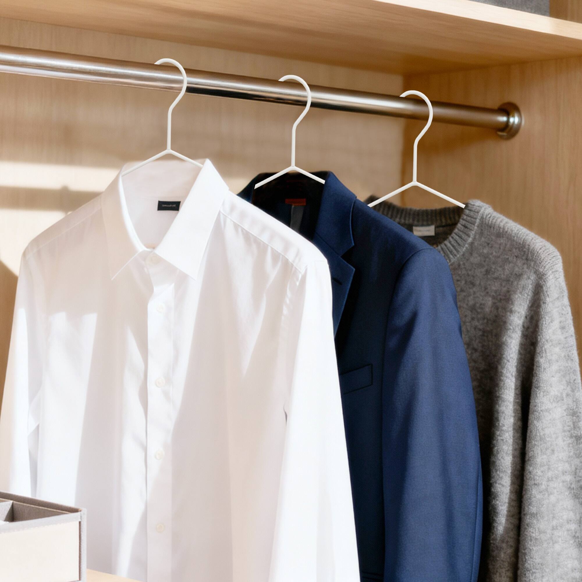 Alt View 2. BP4U - 24-Pack  Heavy Duty Metal Wide Shoulder Suit Hangers, Welded Coat Hangers with Beech Wood Pants Bar(White) - White/Natural.