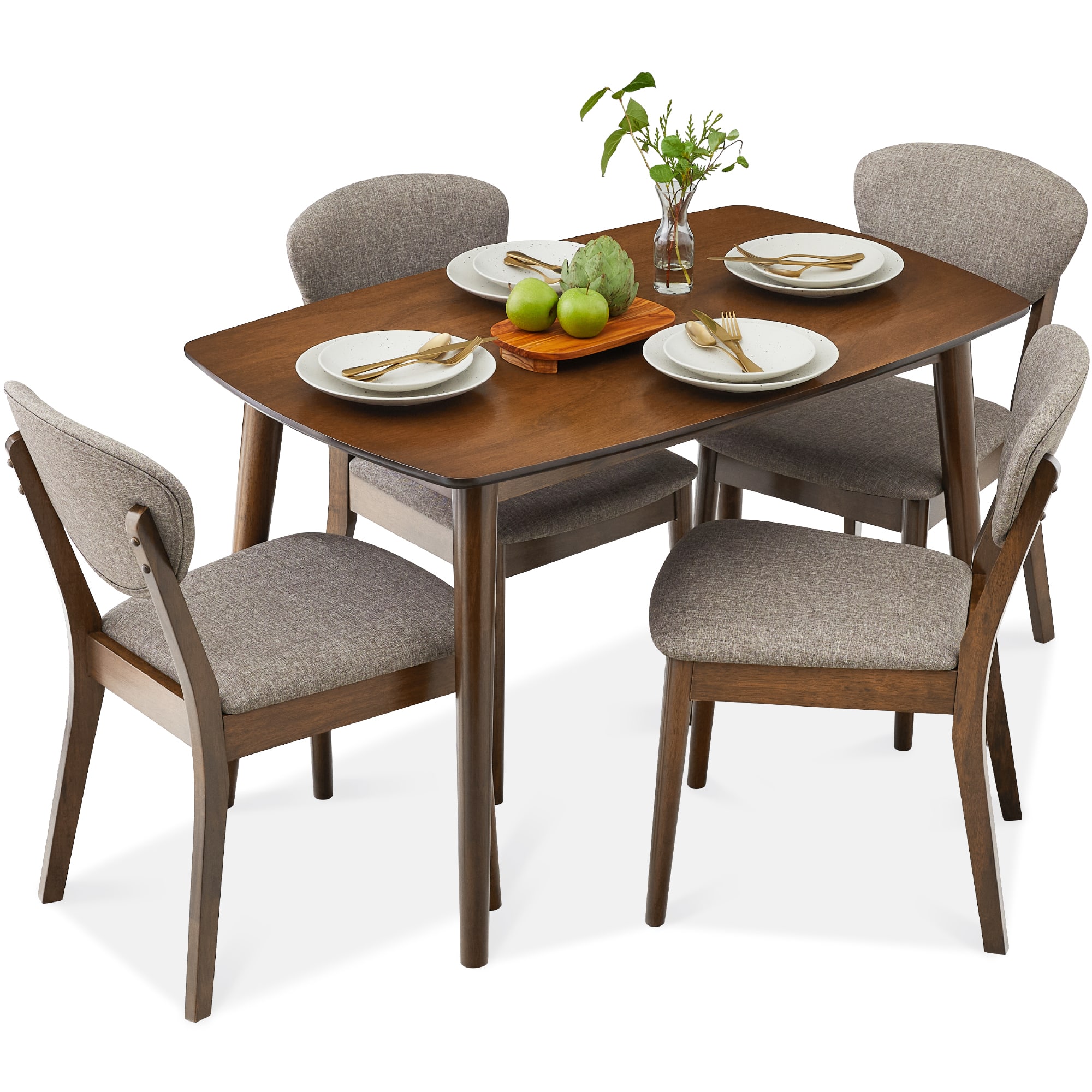 Best Choice Products - 5-Piece Wooden Mid-Century Modern Dining Set w/ 4 Chairs, Padded Seat & Back - Walnut/Light Gray