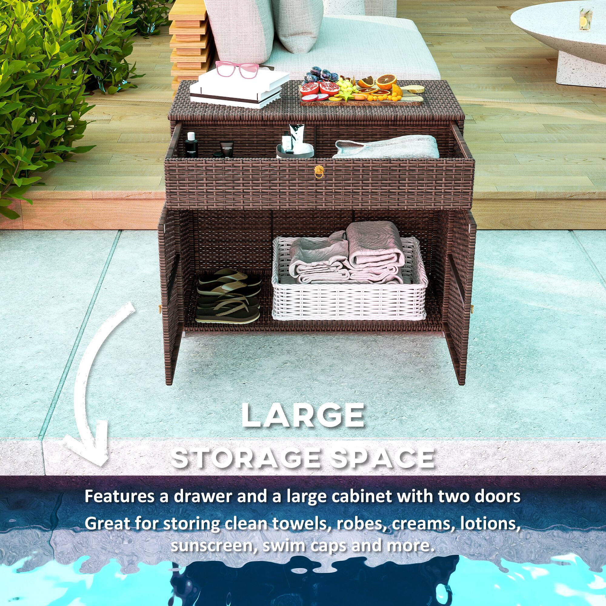 LARGE STORAGE SPACE  
Features a drawer and a large cabinet with two doors  
Great for storing clean towels, robes, creams, lotions, sunscreen, swim caps and more.