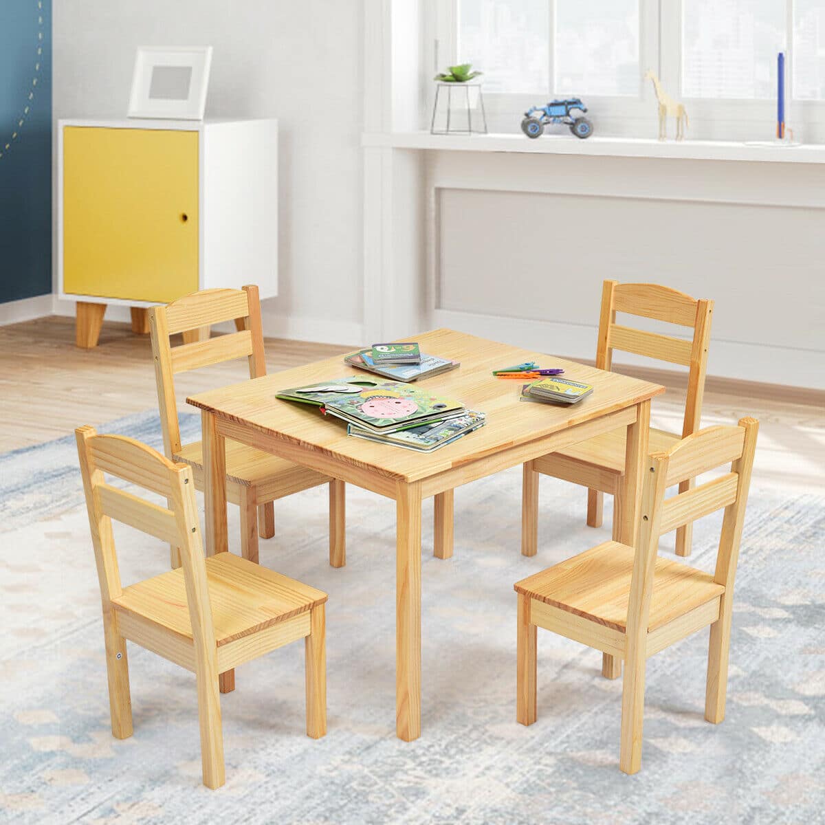 Gymax - Kids 5 Piece Table Chair Set Pine Wood Children Play Room Furniture - Natural