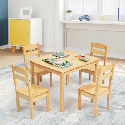 Front. Gymax - Gymax Kids 5 Piece Table Chair Set Pine Wood Children Play Room Furniture Natural - Natural.