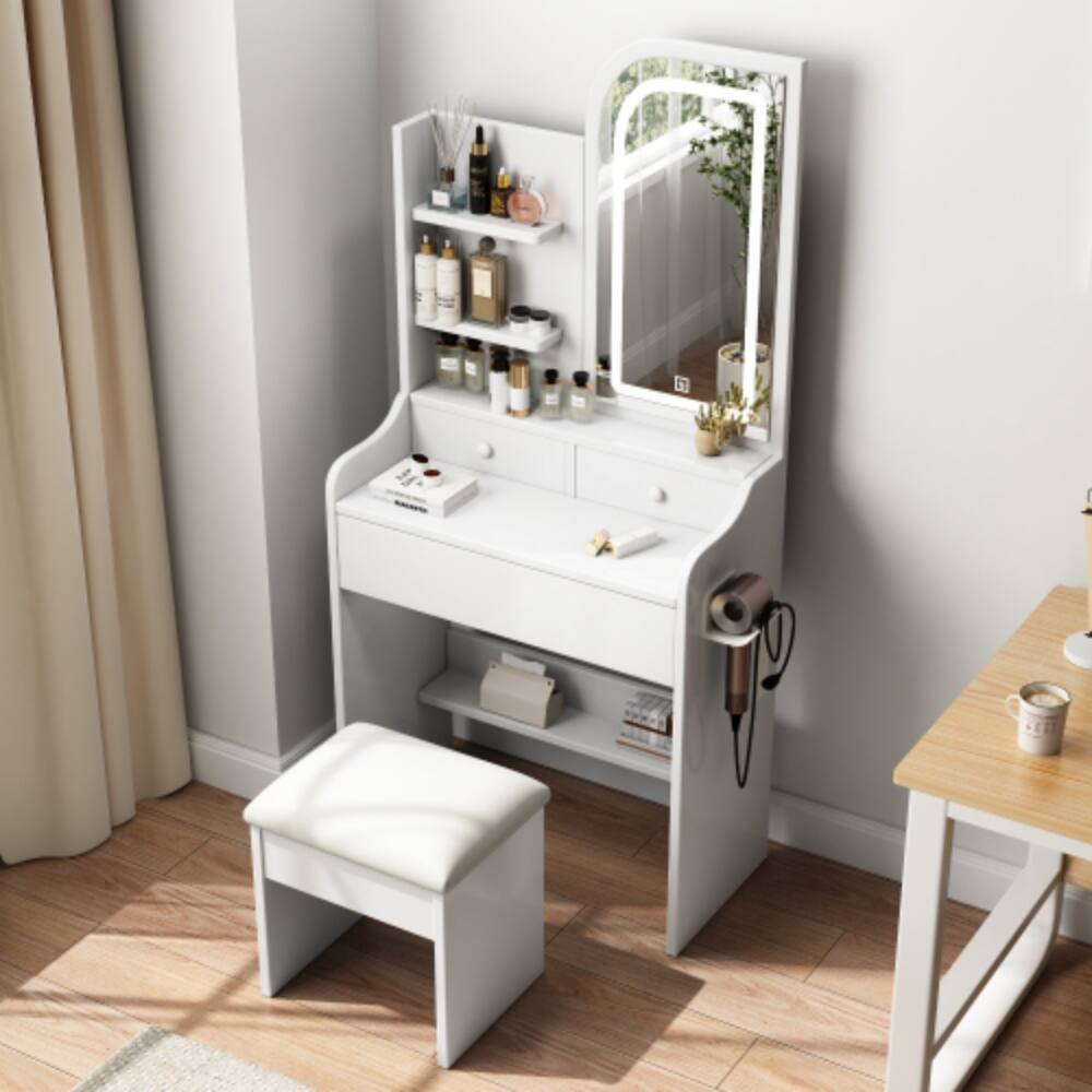 Angle. LUCKY ONE - Vanity Desk with 3-Color LED Mirror, Hair Dryer Holder, 3 Drawers and Chair for Bedroom - White.